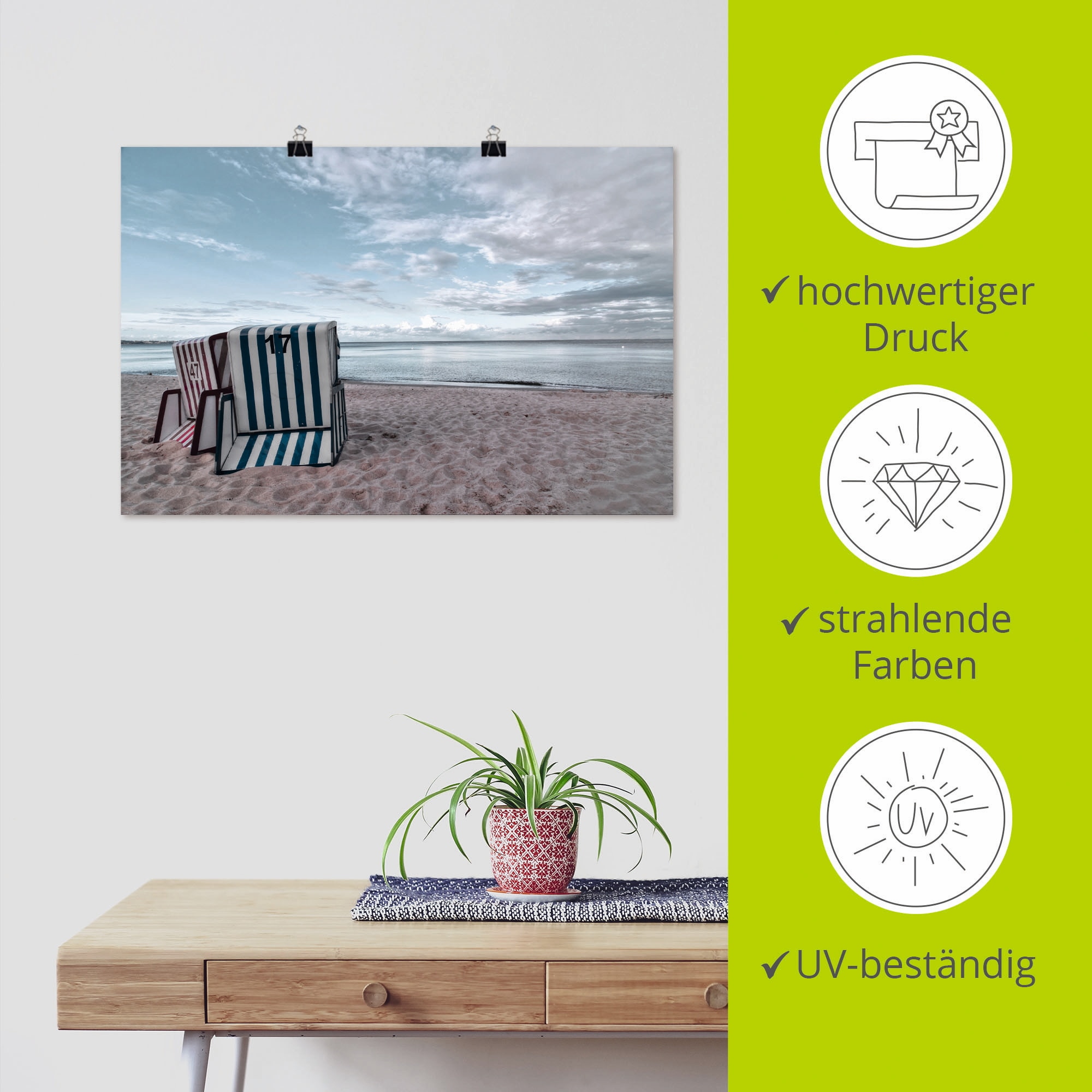 Artland Wandbild »Einsame Strandkörbe am Ostseestrand«, Strand, (1 St.), als Leinwandbild, Poster in verschied. Grössen