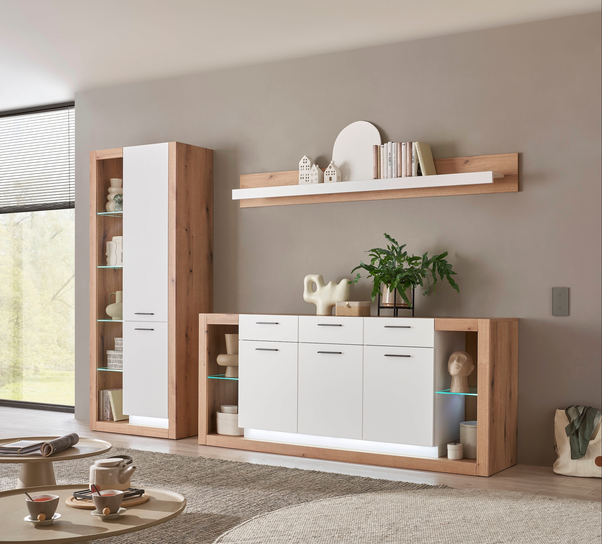 INOSIGN Wohnwand »Brixen, moderne Anbauwand, Wohnzimmer-Set, Eiche Evoke Dekor mit Weiss«, (Set, 3 St.), enthält Stauraumelement, Sideboard und Wandboard