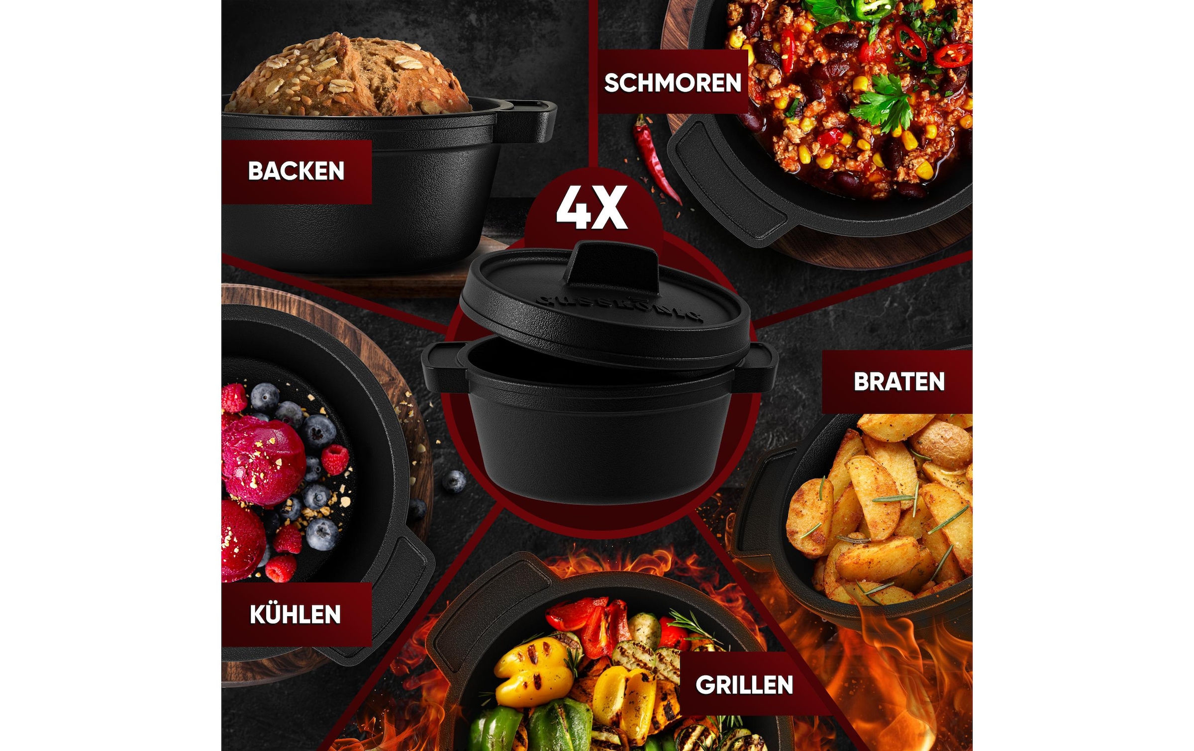   Marmite à barbecue »Gusskoenig Mini Dutch Set 4 Töpfe, Untersetzer« 8 cuis tlg. Set 4 Töpfe mit Holz-Untersetzern und Rezeptbuch