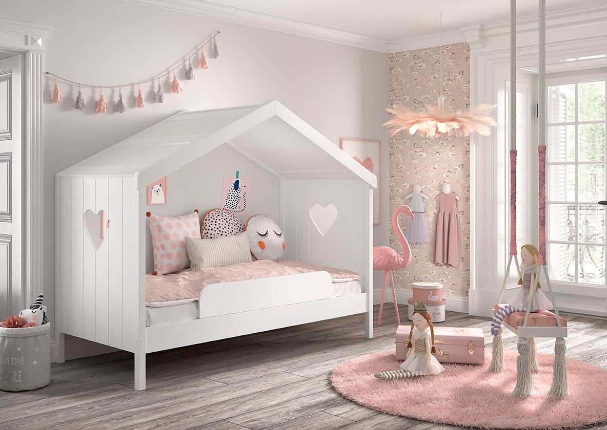 Vipack Hausbett »Amori, inkl. Dach, Rückseitig offen, mit Rolllattenrost« B/H/T ca. 213x171,7x98,7cm, verspielte Herz-Ausschnitte seitlich,  wahlweise, mit oder ohne Schublade und Absturzschutz, weiss lackiert