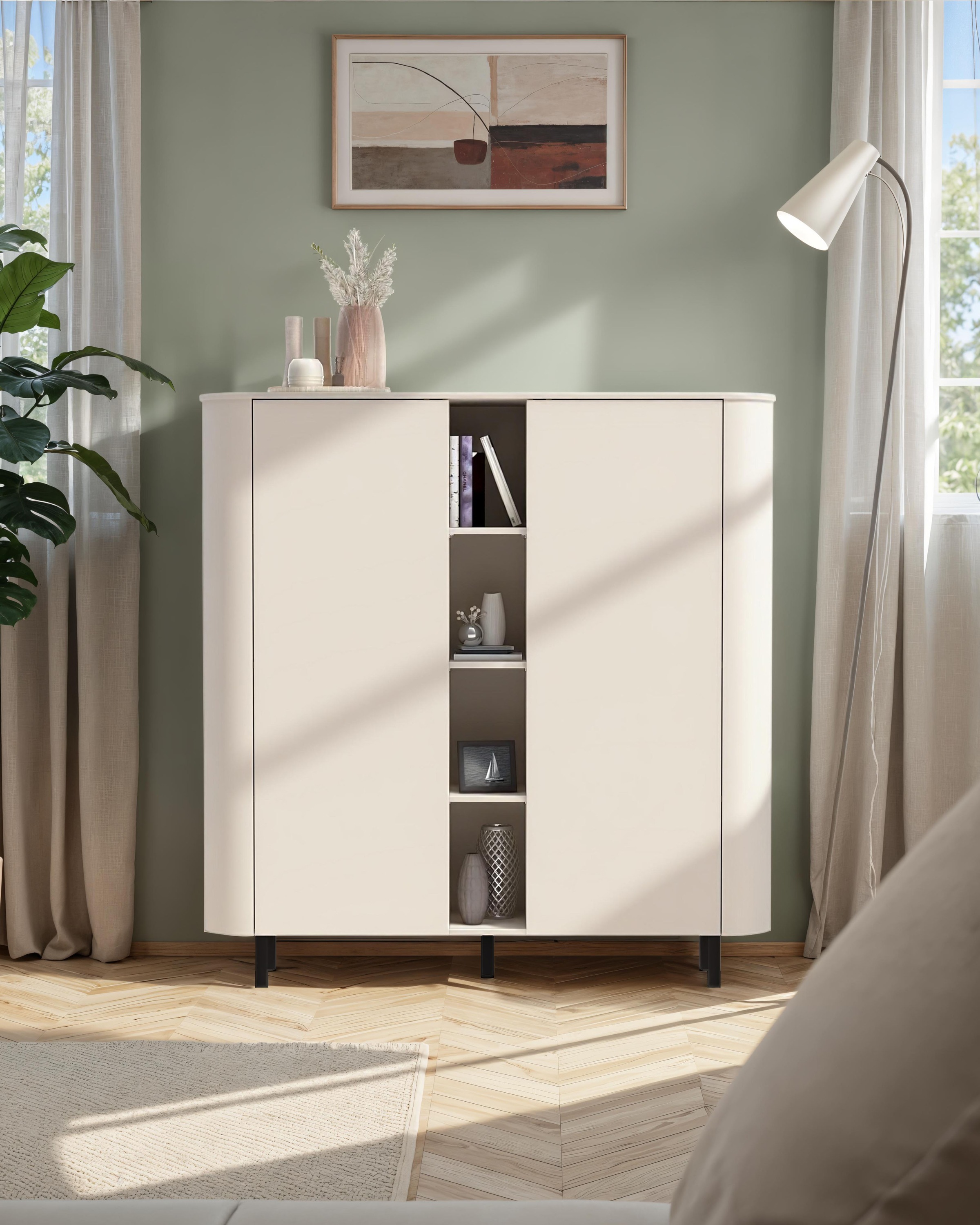 GOODproduct Highboard »Lido, B/H 150/154 cm, 2 Türen, 4 offene Fächer, Stauraumschrank« Formgebogenes MDF, Stirnseiten mit Rundung, Push-to-open, Metallfüsse