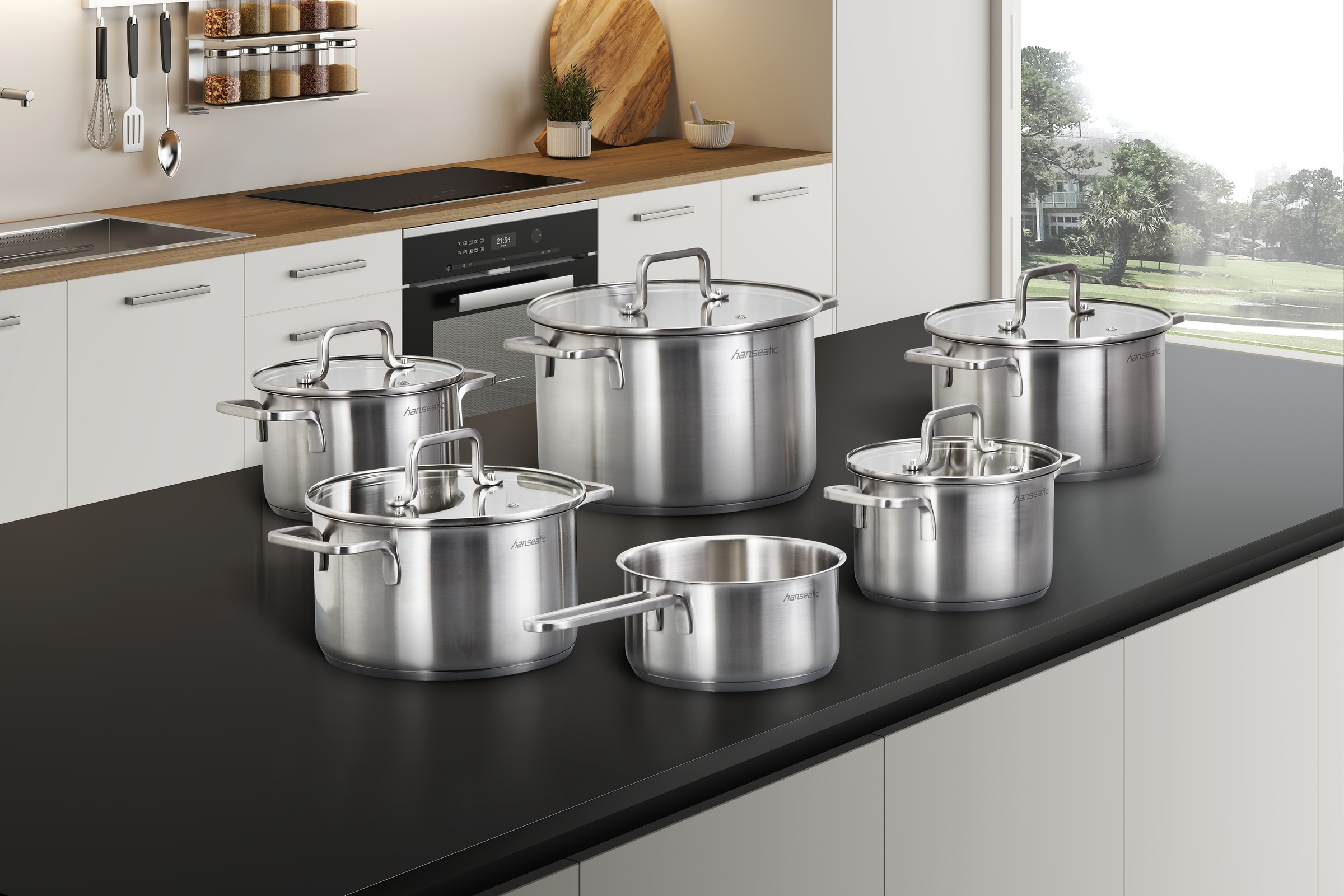 Hanseatic Topf-Set »DAILY«, Edelstahl 18/10, (Set, 11 tlg., Fleischtopf 2x 16 cm / 2x 20 cm / 1x 24 cm, Stielkasserolle 16 cm), handfreundliche Griffe, Literskala, Glasdeckel, Induktion