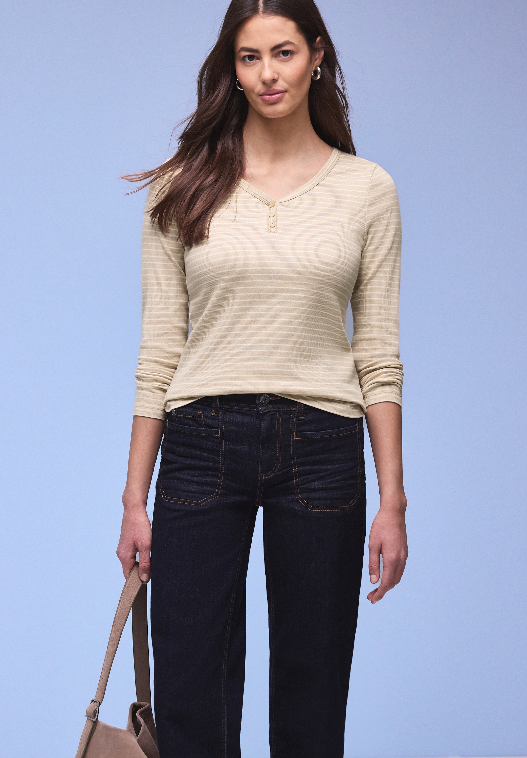 STREET ONE T-shirt à manches longues im Streifen-Design und mit V-Ausschnitt