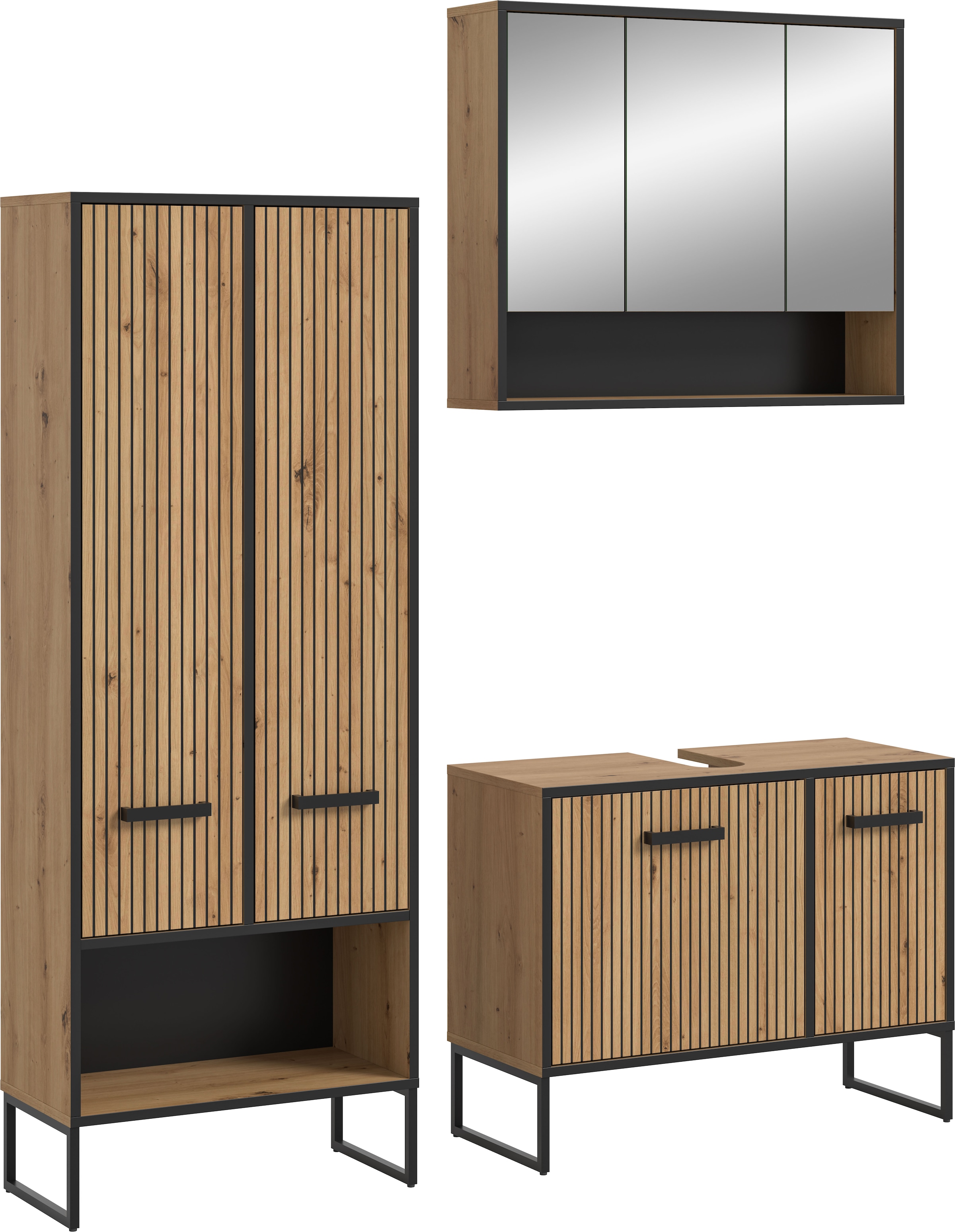 Image of welltime Badezimmer-Set "LOCRI, 3-tlg. Badkombination, Breite 154 cm, Rillenoptik, Metallkufen" bestehend aus: Hochschrank, Waschbeckeunterschrank & Spiegelschrank, 3 Stk. tlg.