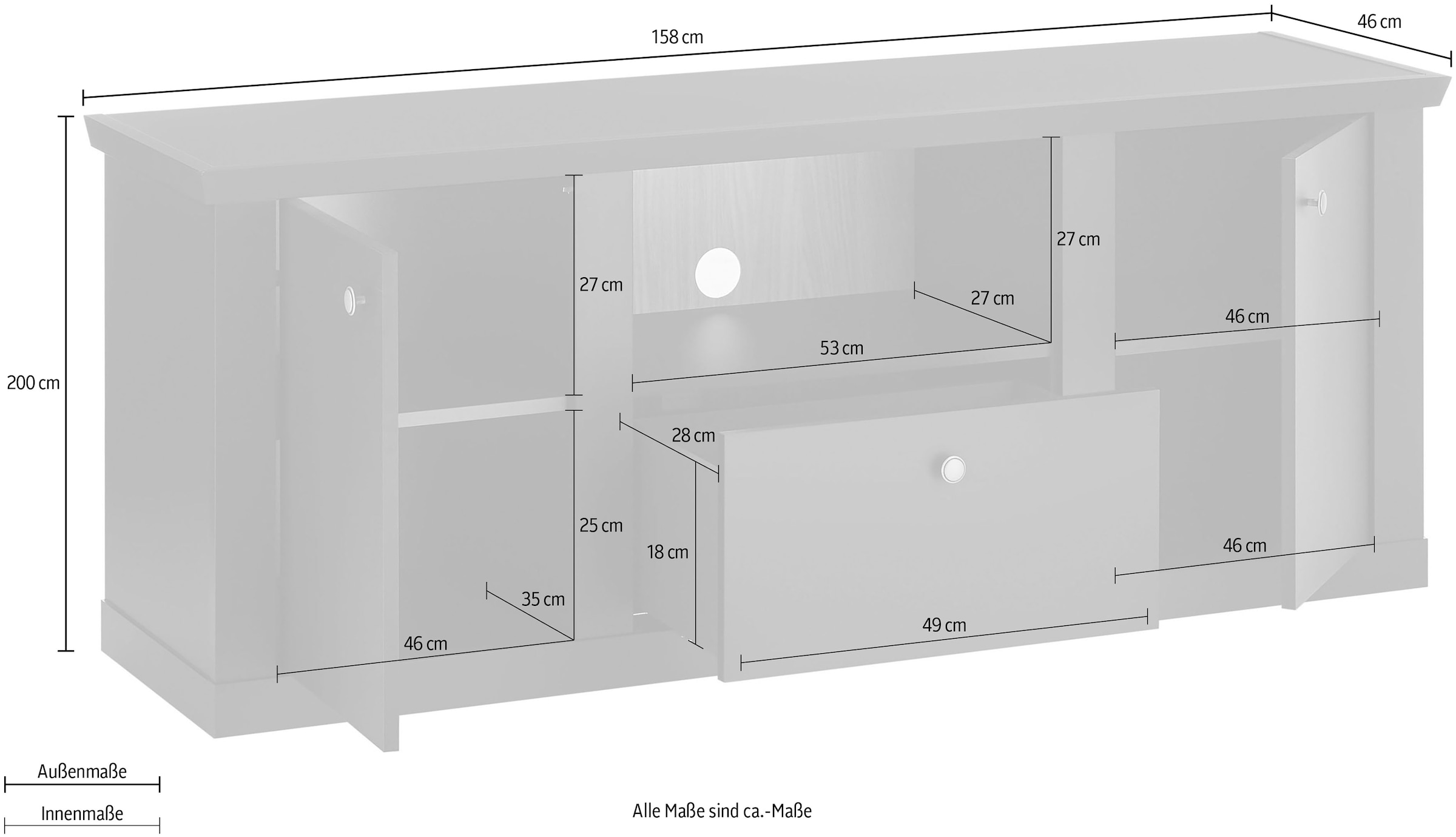 Home affaire Lowboard »Lincoln, moderner TV-Schrank, schwarze Kommode, TV-Unterschrank« edles Design, messingfarbene Knopfgriffe, in 2 Grössen verfügbar