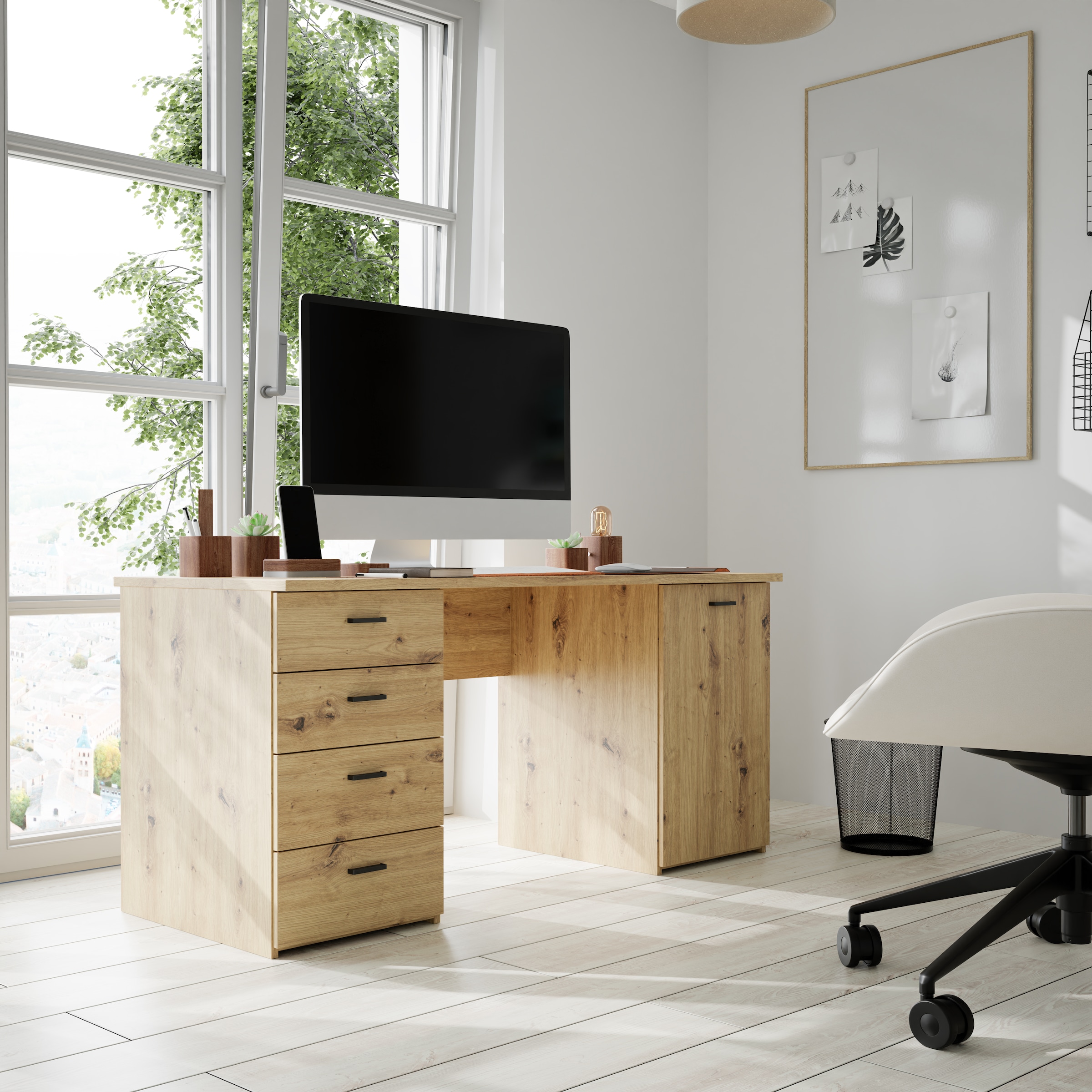 FORTE Schreibtisch »Goldsboro« mit 4 Schubladen, Soft-Close, Metallgriffe in schwarz, Breite 145 cm