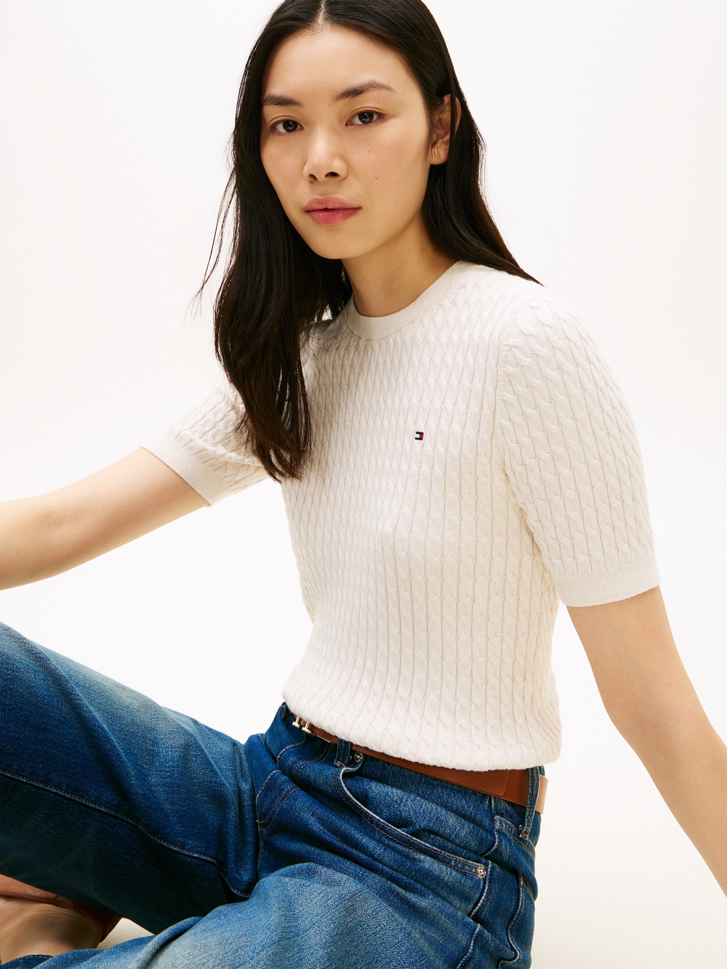 Tommy Hilfiger Pull à manches courtes »CO CABLE RWB C-NK SS SWT« coton, avec motif torsadé