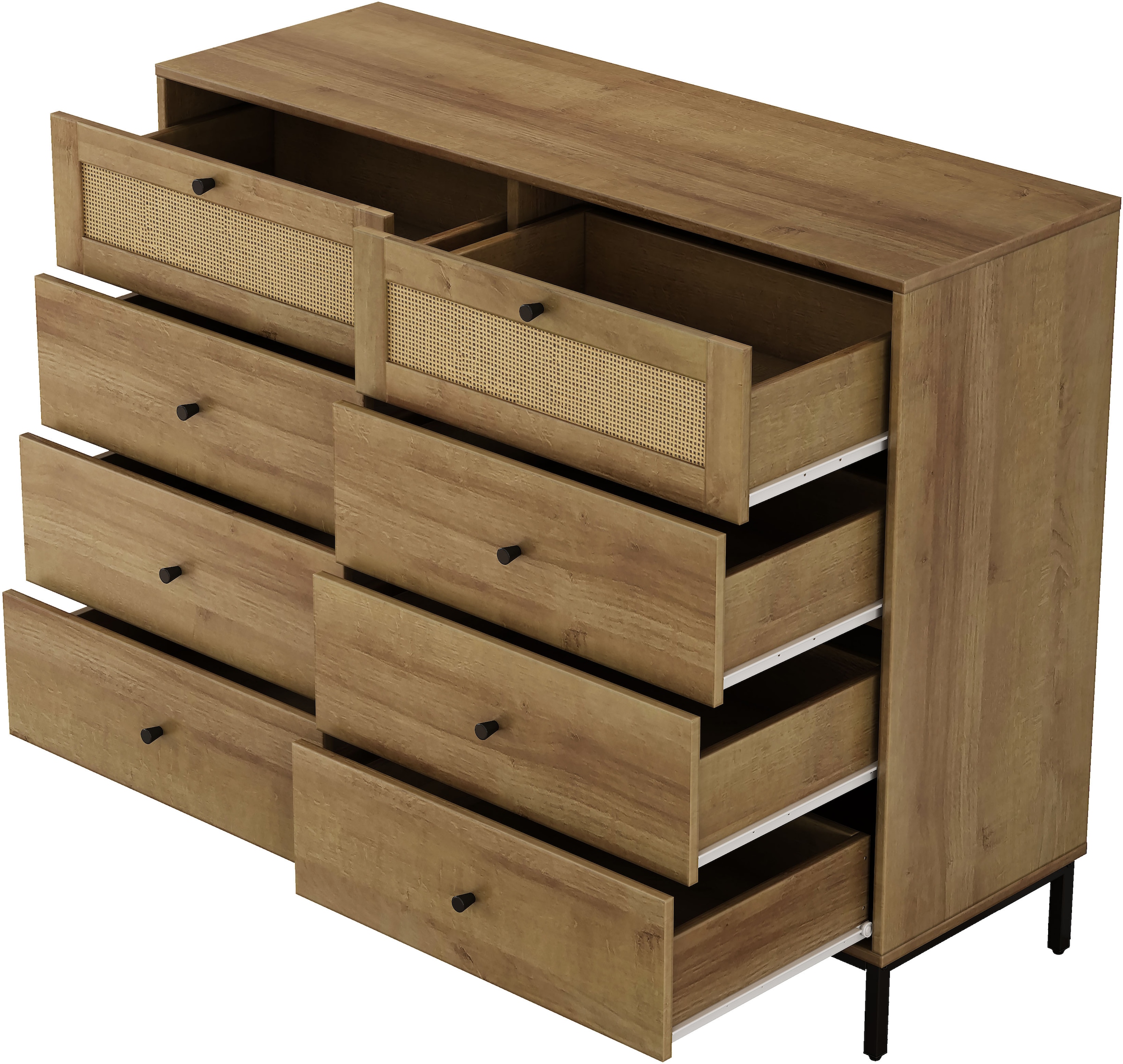 GOODproduct Kombikommode »Motala Wäsche Schrank mit 8 Schubladen Sideboard BOHO Design« Eichen-Design mit schwarzen Griffen und Geflecht Schubladen,  Kommode Schrank Wäscheschrank mit 8 Schubladen