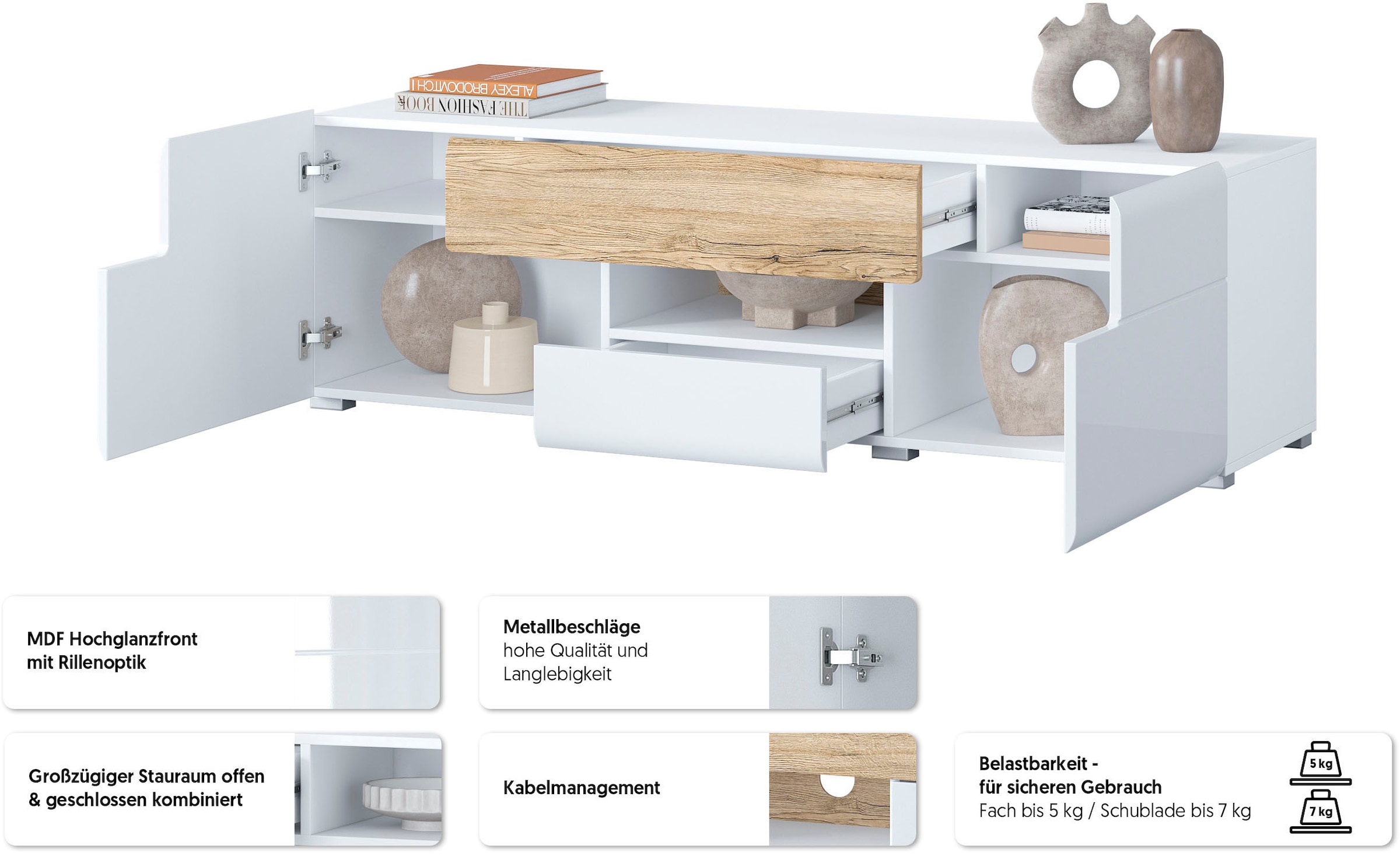 GOODproduct Lowboard »Toledo,Breite 159cm, trendige TV-Schrank mit dekorative Fräsungen« TV-Board ohne Beleuchtung, TV-Kommode mit viel Stauraum