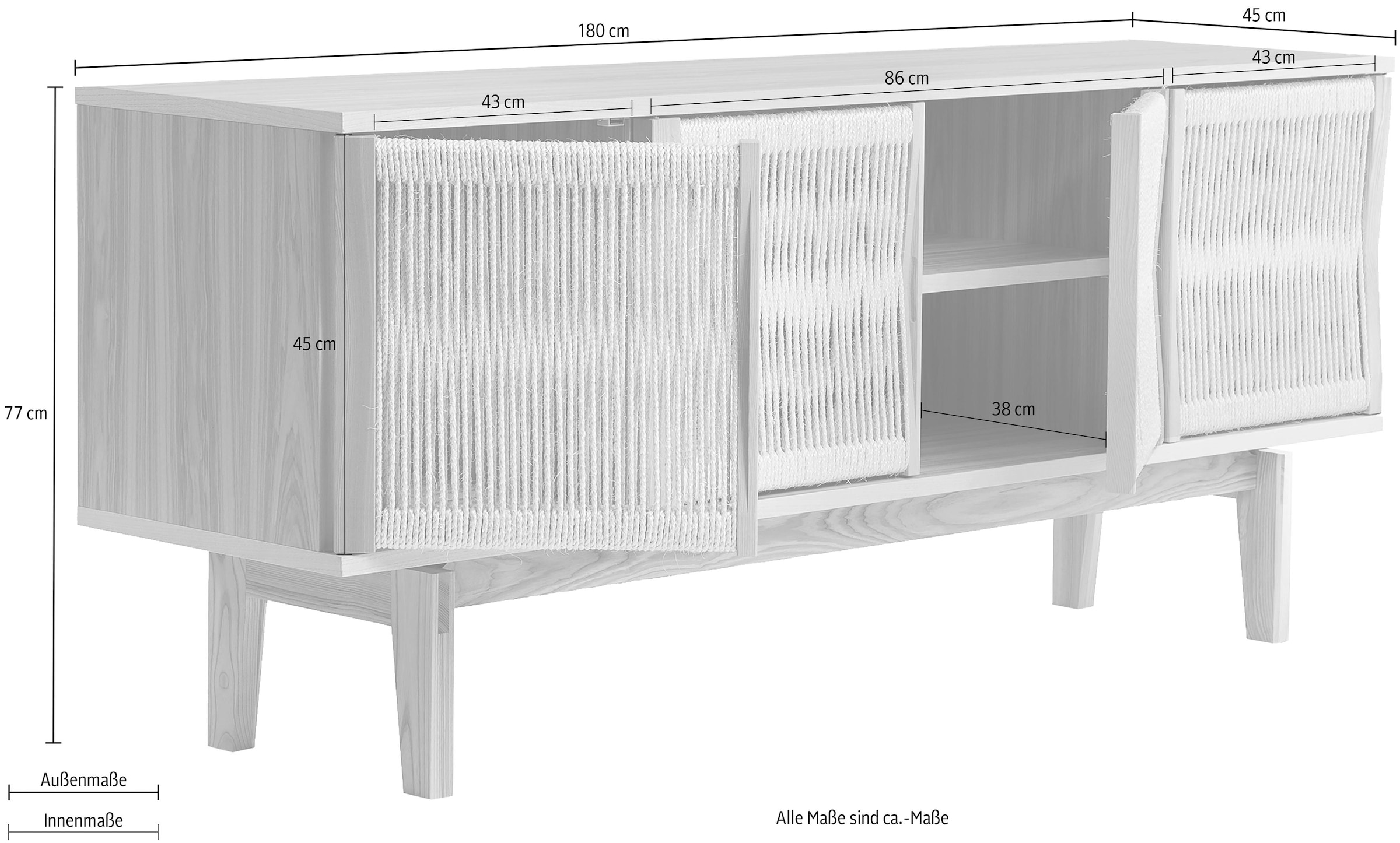 Woodman Sideboard »Lidia« Kommode, Türenfronten aus nartürlichem Hanfseil, Breite 180 cm, FSC®