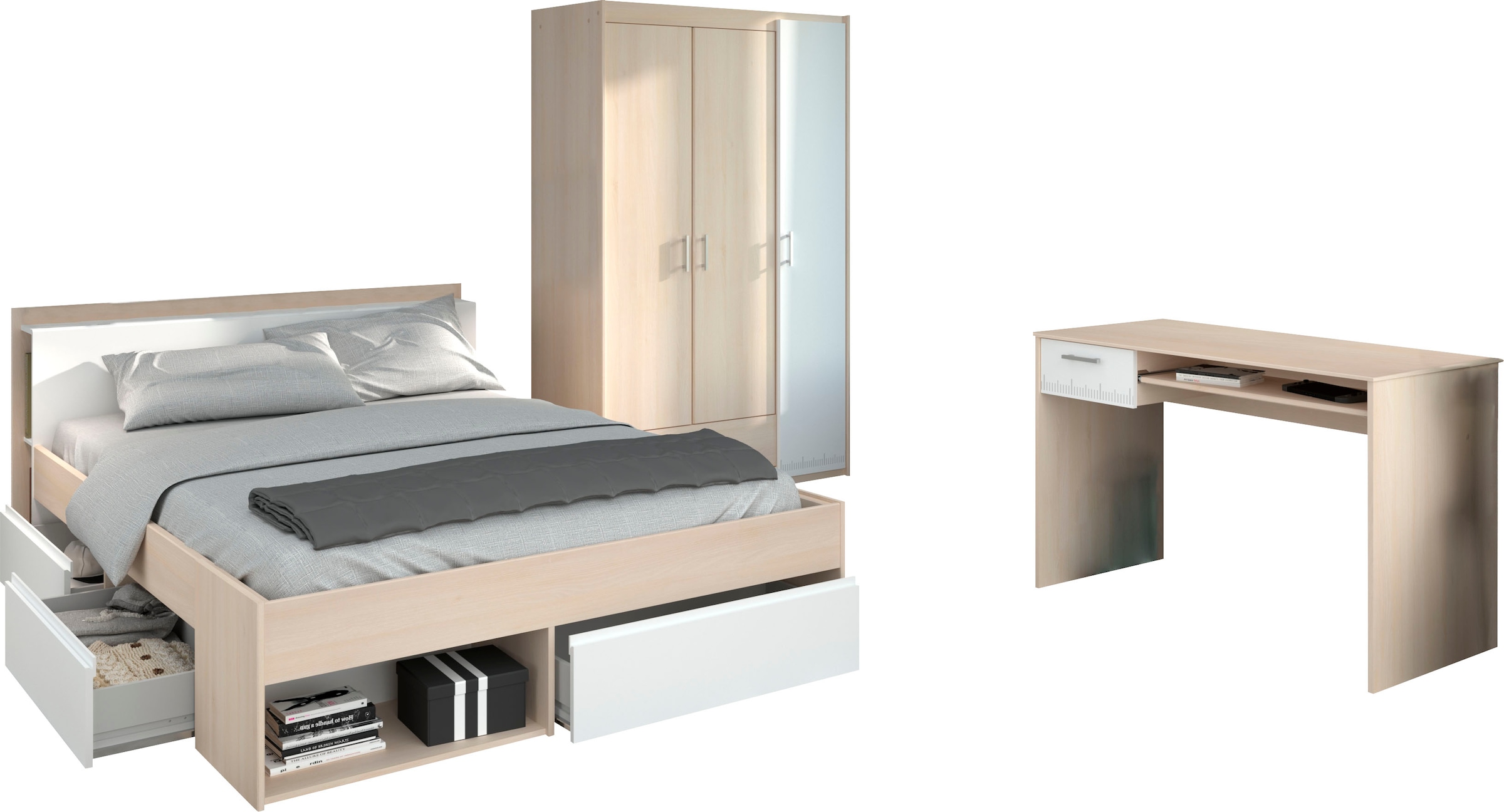 Parisot Jugendzimmer-Set »Most«, (Set, 3 tlg., Bett mit Schubkästen, Kleiderschrank und Schreibtisch)