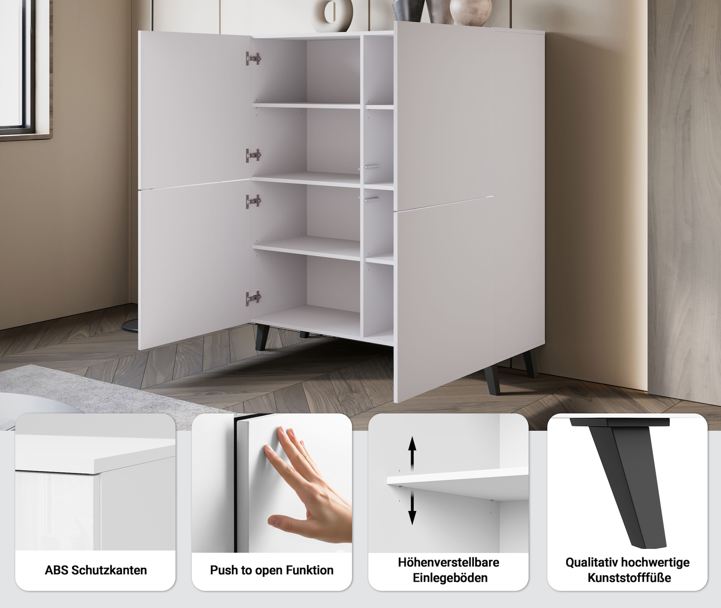Home affaire Buffet haut »HIGHBOARD PHUKET II, Stilvolle, grifflose Hochkommode, Breite 120cm« Avec 4 portes et 8 compartiments avec étagères réglables en hauteur