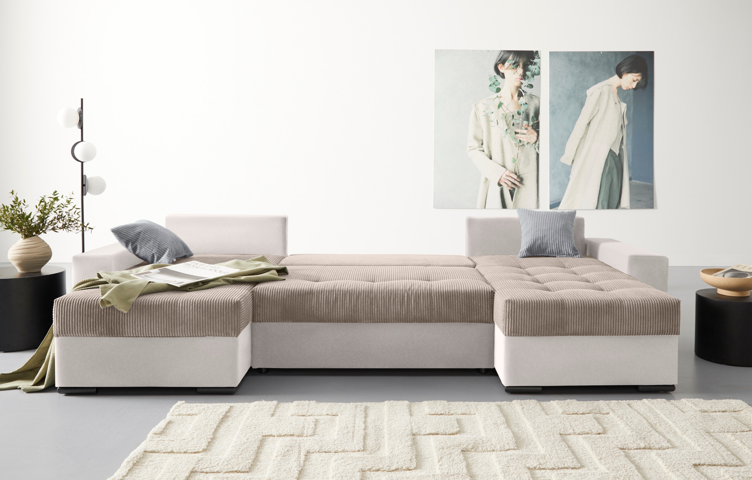 COLLECTION AB Wohnlandschaft »XL-Josy U-Form, Breite 313 cm, Cord-/Mix«, inkl. Bettfunktion, Bettkasten, mit 4 gleich grossen Rückenkissen