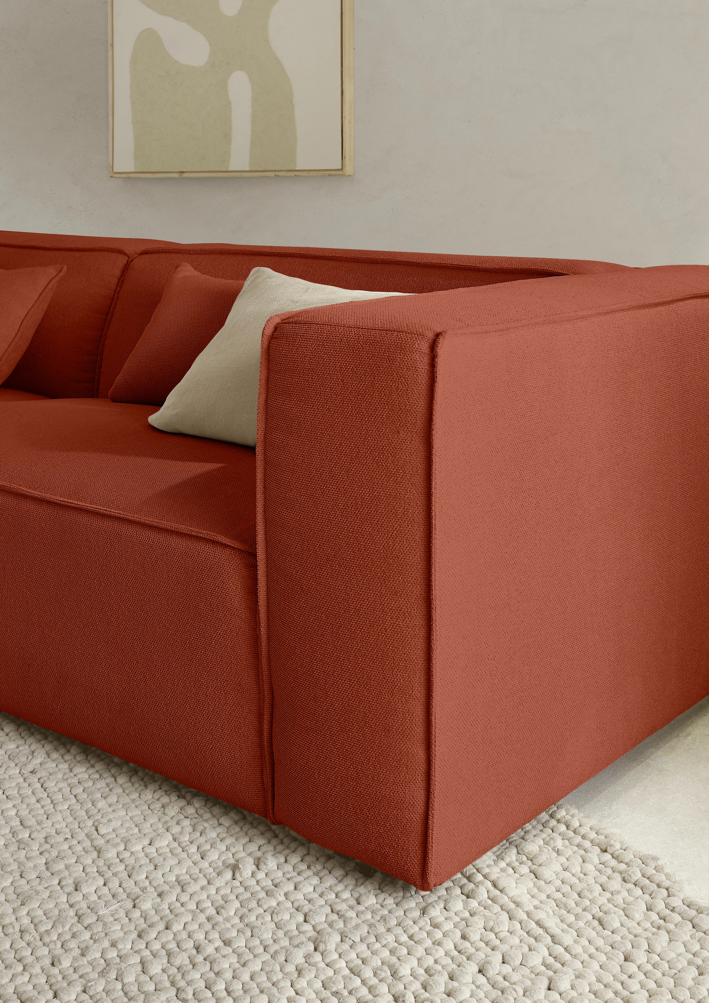 LeGer Home by Lena Gercke Canapé d'angle »PIARA Struktur mit Kedernaht L-Form« ottomane au choix droite/gauche, pieds noirs, confort d'assise agréable