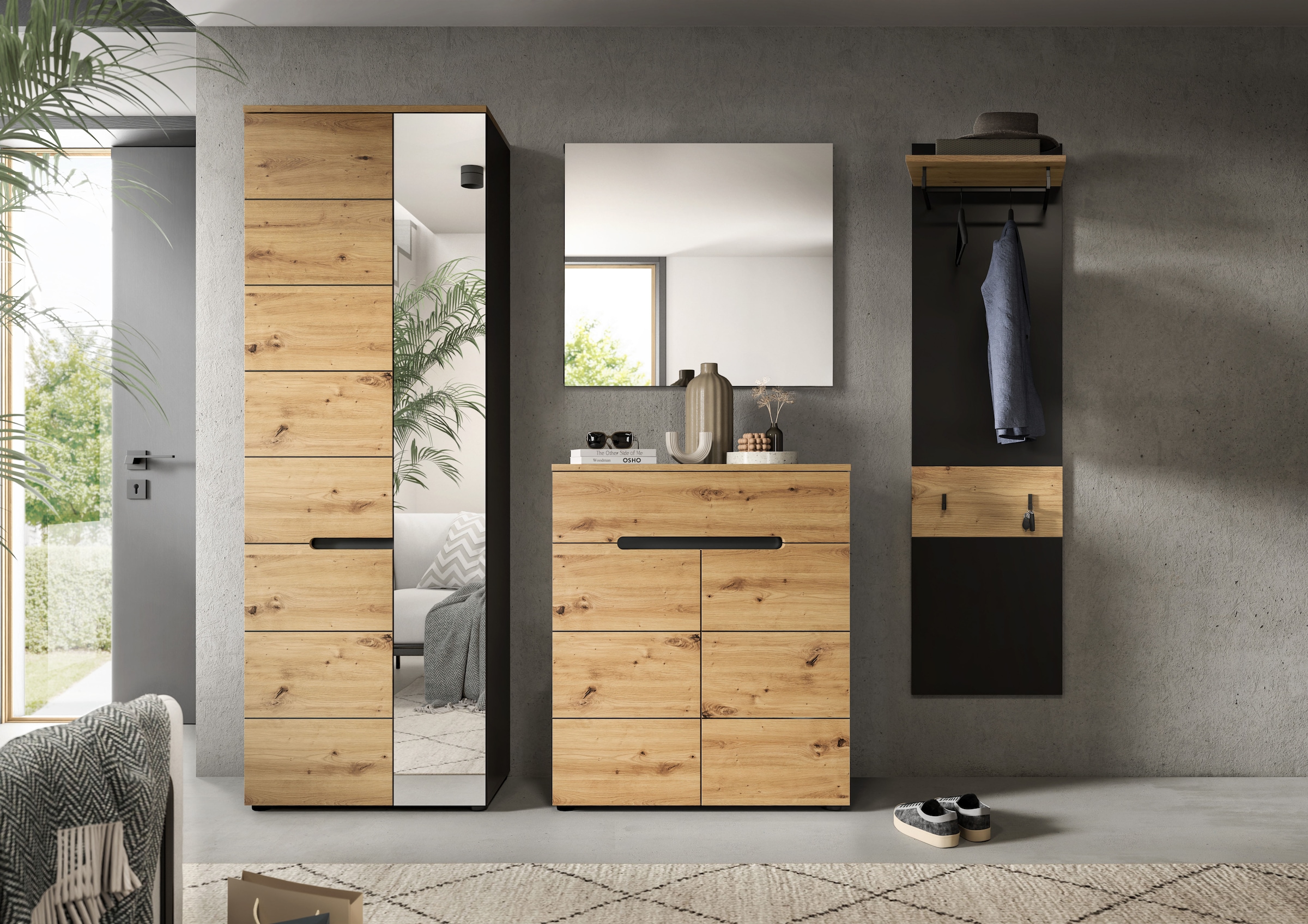INOSIGN Garderoben-Set »REHAT, TOPSELLER!, 4-teilig, Breite 220 cm, individuell erweiterbar« Set, bestehend aus: Garderobenschrank, Kommode, Spiegel & Garderobenpaneel, 4 Stk. tlg.