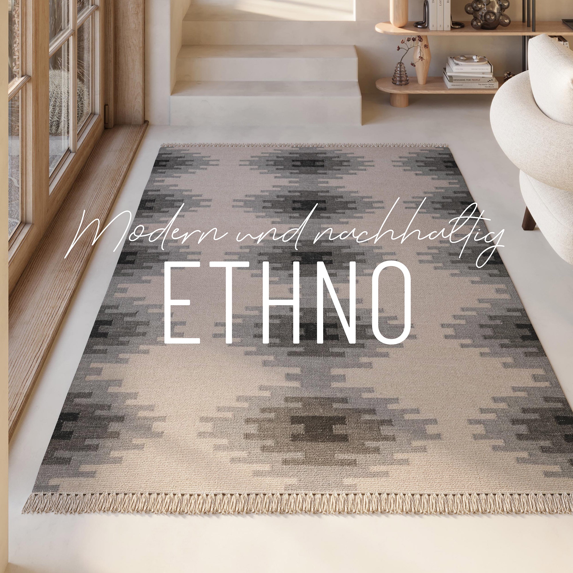 Green Looop Wollteppich »Belle« rechteckig 5 mm Höhe Fransen, Kelim, handgewebt, Natur, Wohnzimmer, Schlafzimmer, Raute