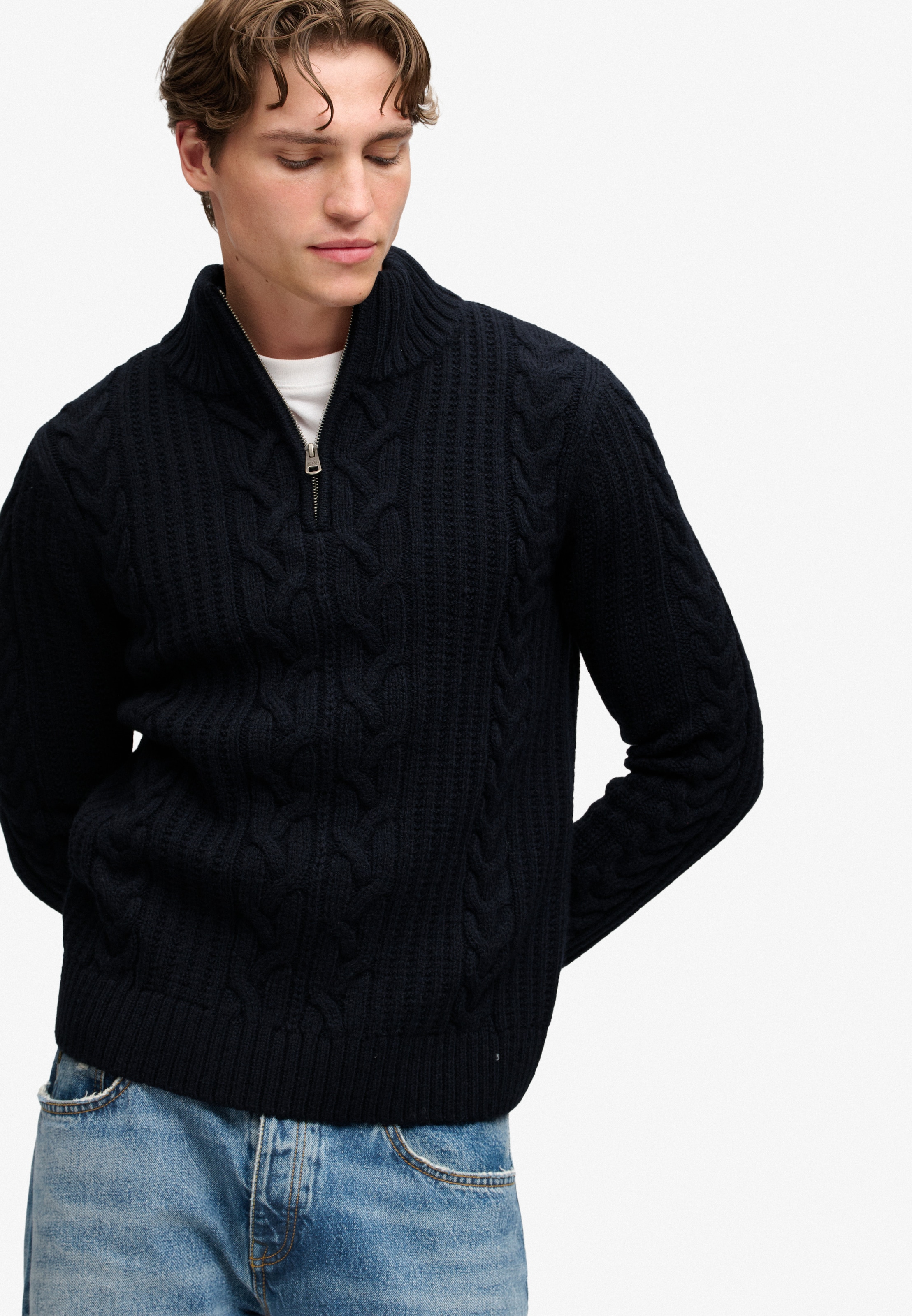 Superdry Pull en tricot »JACOB CABLE HALF ZIP KNIT« Mélange de matières, coupe slim