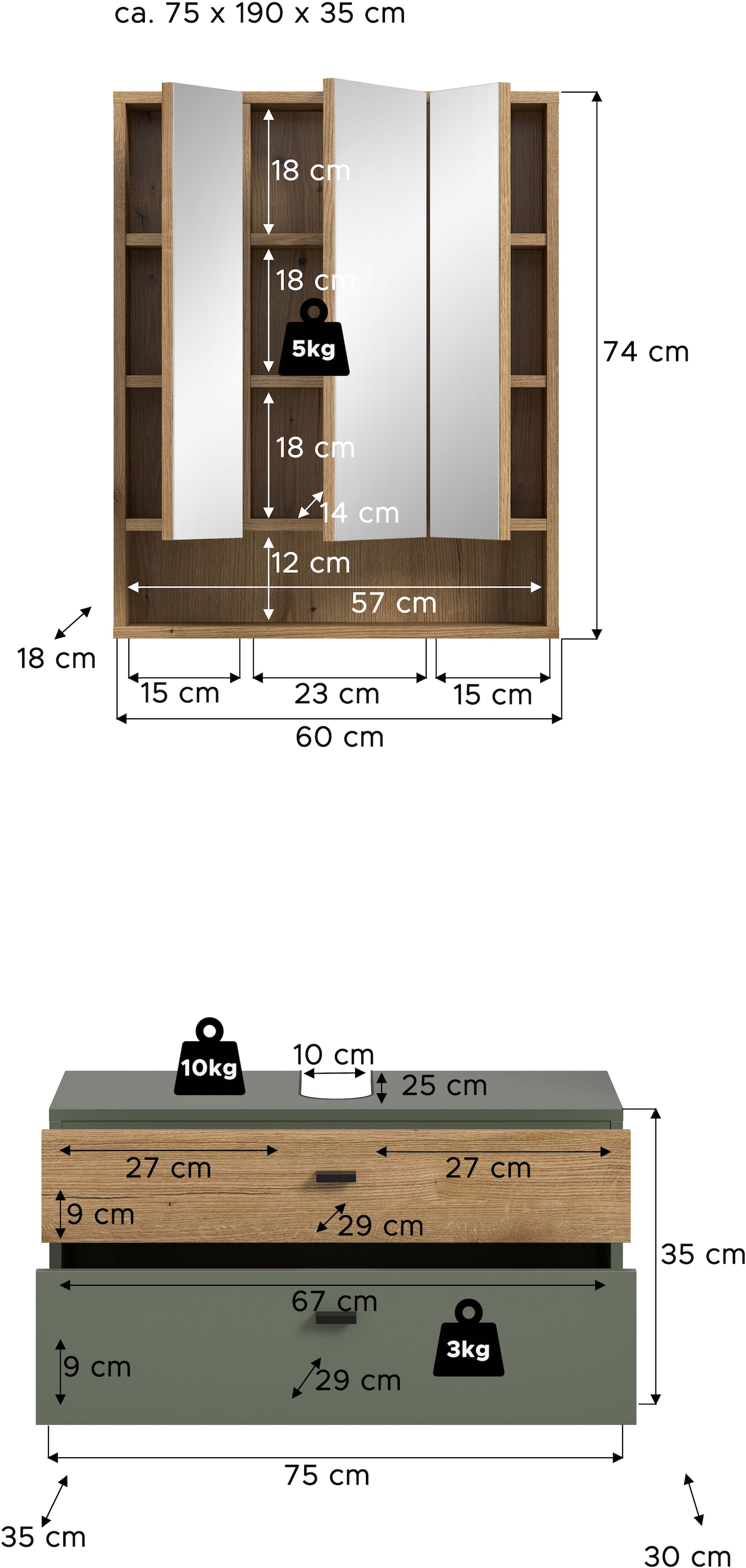 welltime Ensemble de meubles de salle de bain »VANN, 2-teilige moderne Badkombination« 1x Waschbeckenunterschrank, 1x Spiegelschrank, 2 cuis tlg.