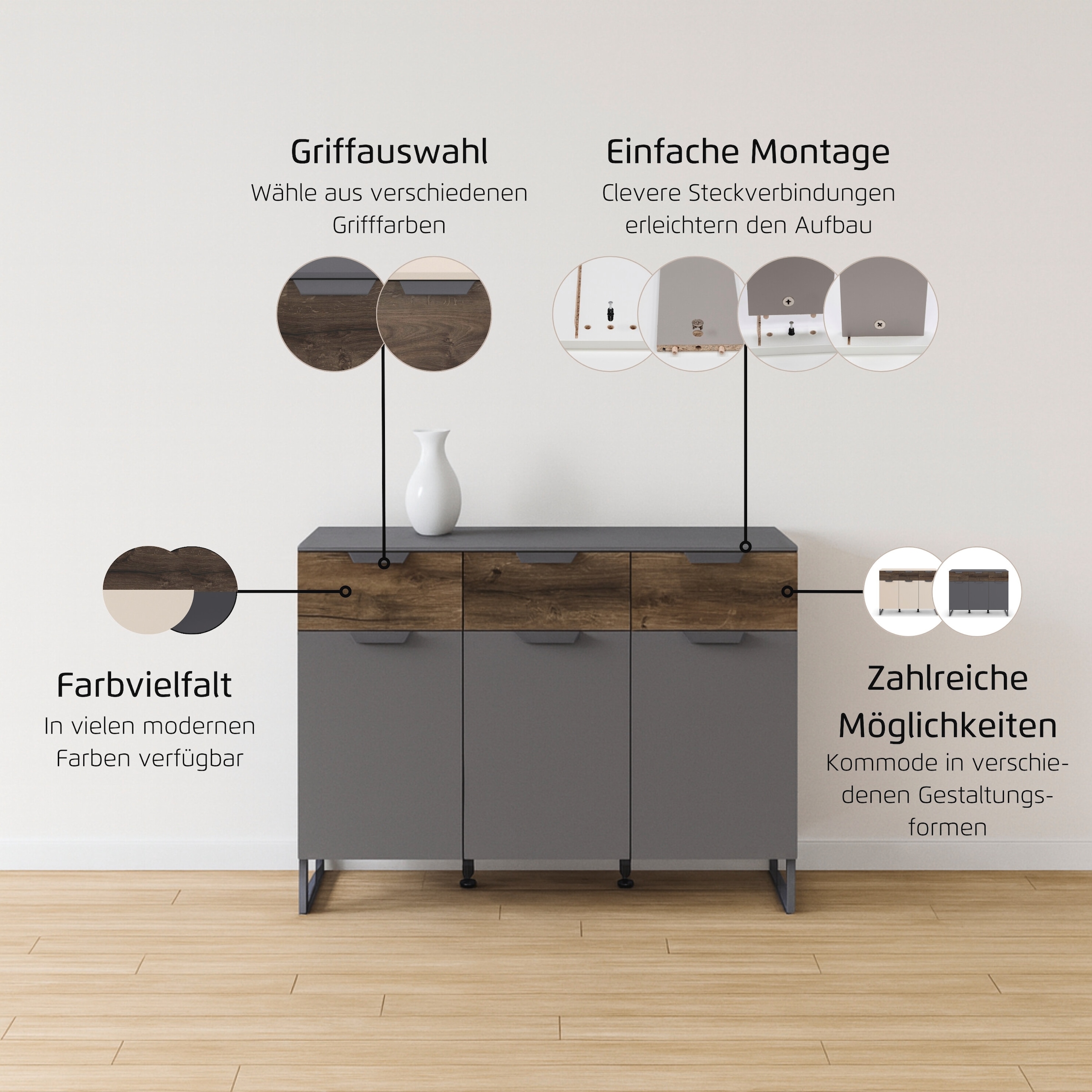 rauch Commode combinée »Barea« Largeur 120 cm, hauteur 92 cm,  3 portes, 3 tiroirs spacieux, étagères réglables MADE IN GERMANY