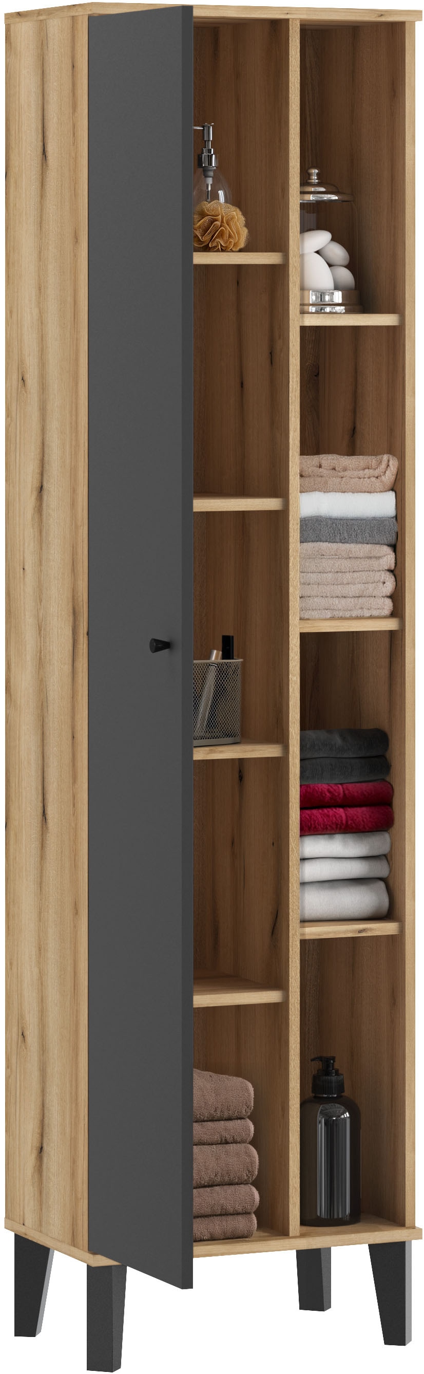 INOSIGN Stauraumschrank »Oslo, Badschrank mit Knopfgriff, Hochschrank im skandinavischen Design« in der Türfarbe Weiss oder Grau verfügbar, ausreichend Stauraum