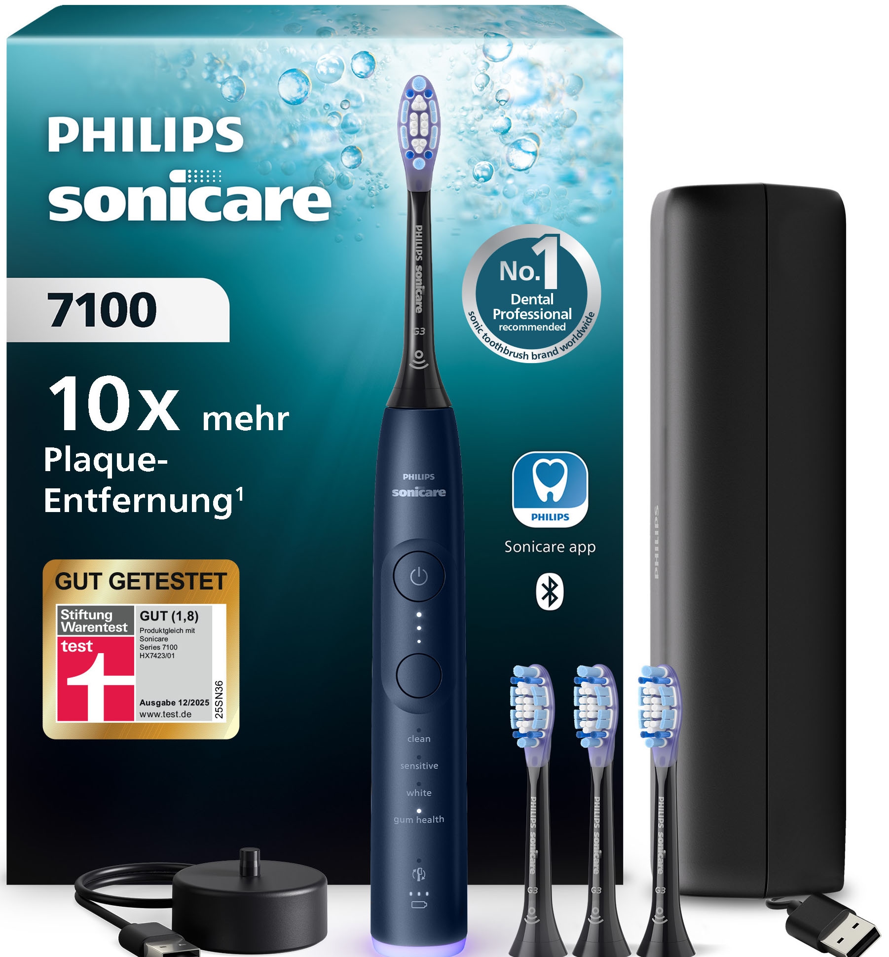 Image of Philips Sonicare Elektrische Zahnbürste "Series 7100 HX7423/08" 4 Stk. Aufsteckbürsten mit visueller Andruckkontrolle, 4 Putzmodi und 3 Intensitätsstufen