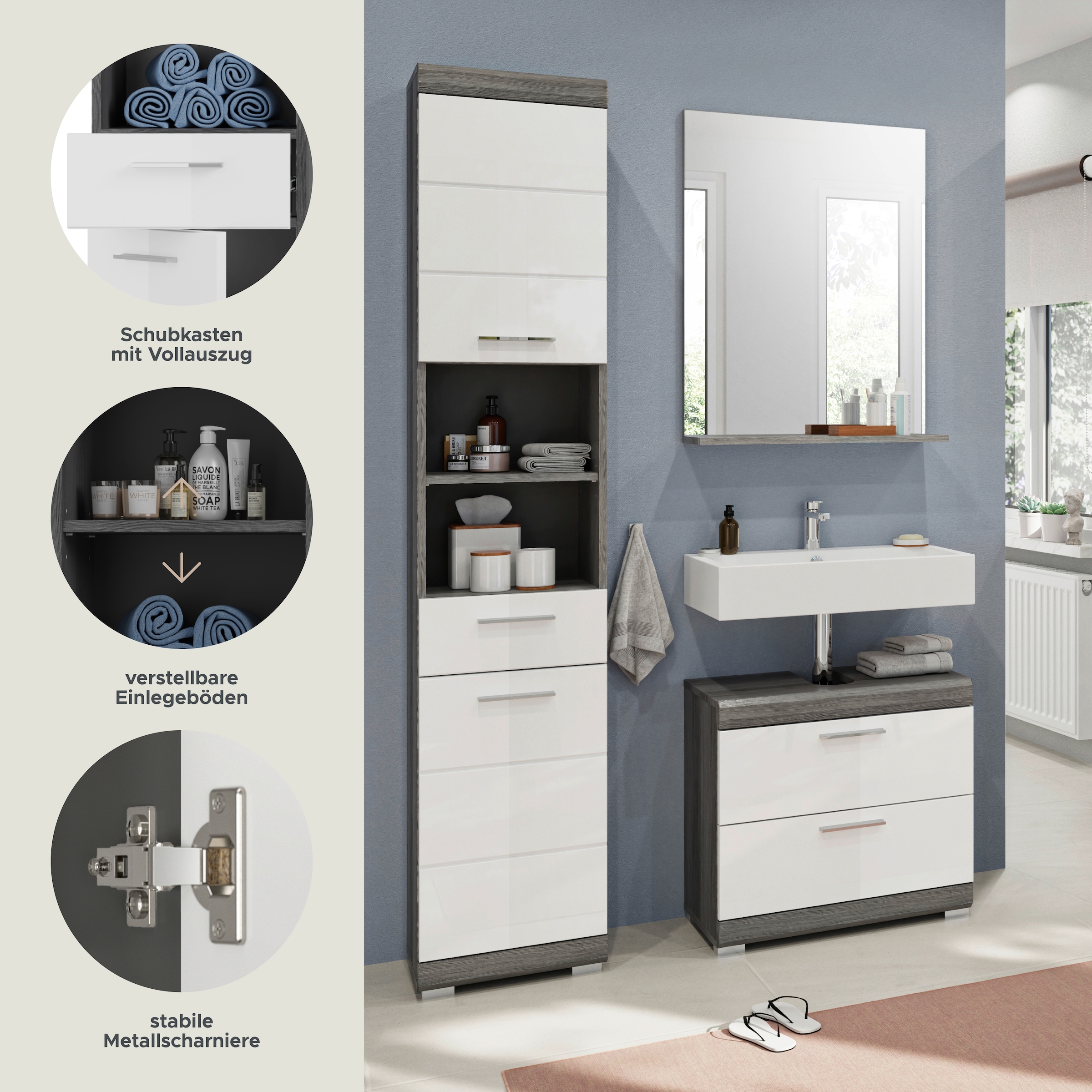 INOSIGN Badmöbel-Set »Siena, 3 teilig, bestehend aus:«, (Set, 3 St.), Hochschrank, Waschbeckenunterschrank, Spiegel