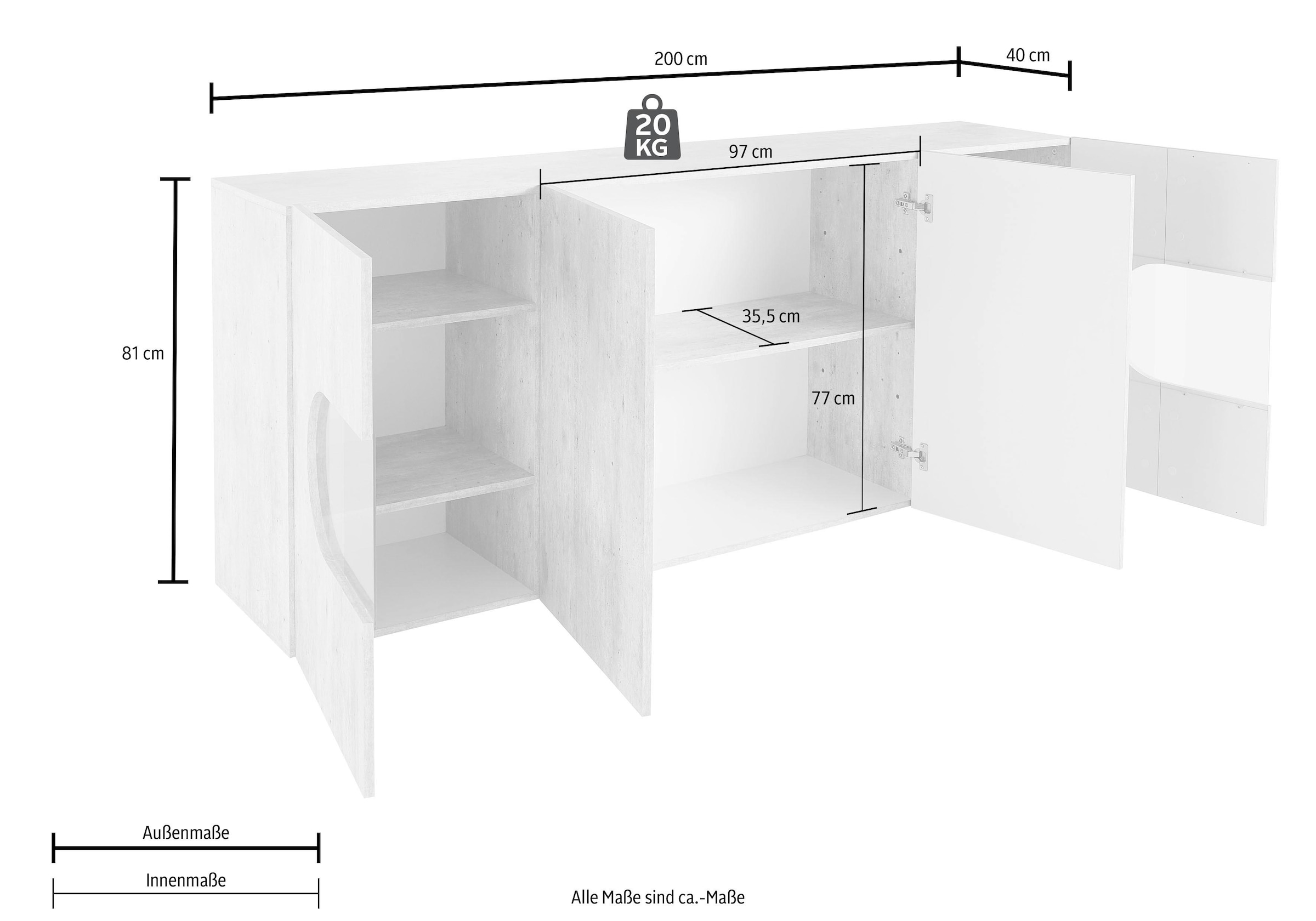 INOSIGN Sideboard »Real,Vitrine,Kommode,Schrank,Breite 200 cm komplett hochglanz lackiert«, mit 4 Türen davon 2 Glastüren ohne Griff