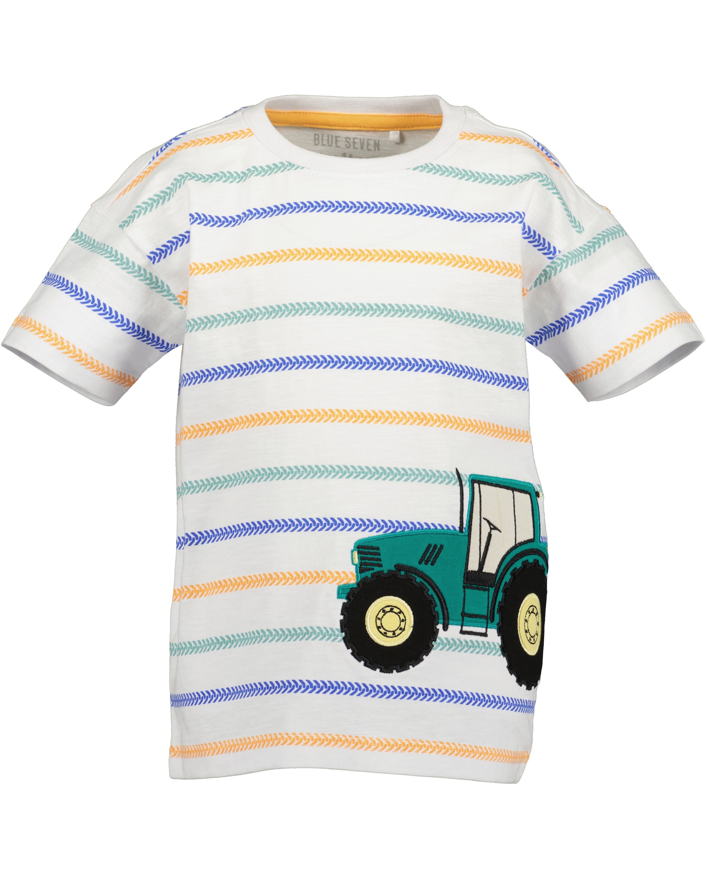 Image of Blue Seven T-Shirt mit geringeltem, gestreiftem und bedrucktem Design, Allover-Druck