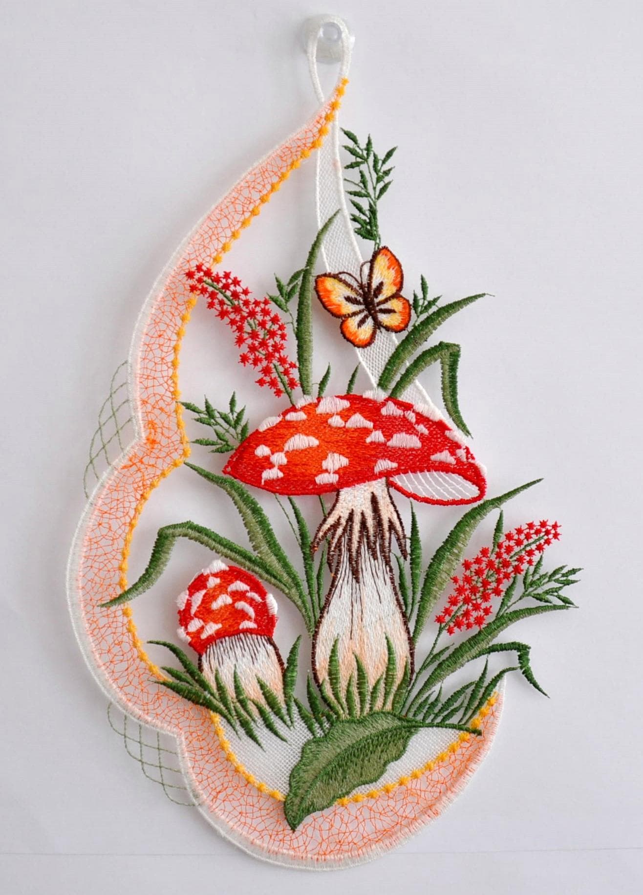 Image of Stickereien Plauen Fensterbild "Pilze" mit echter Plauener Spitze Stickerei