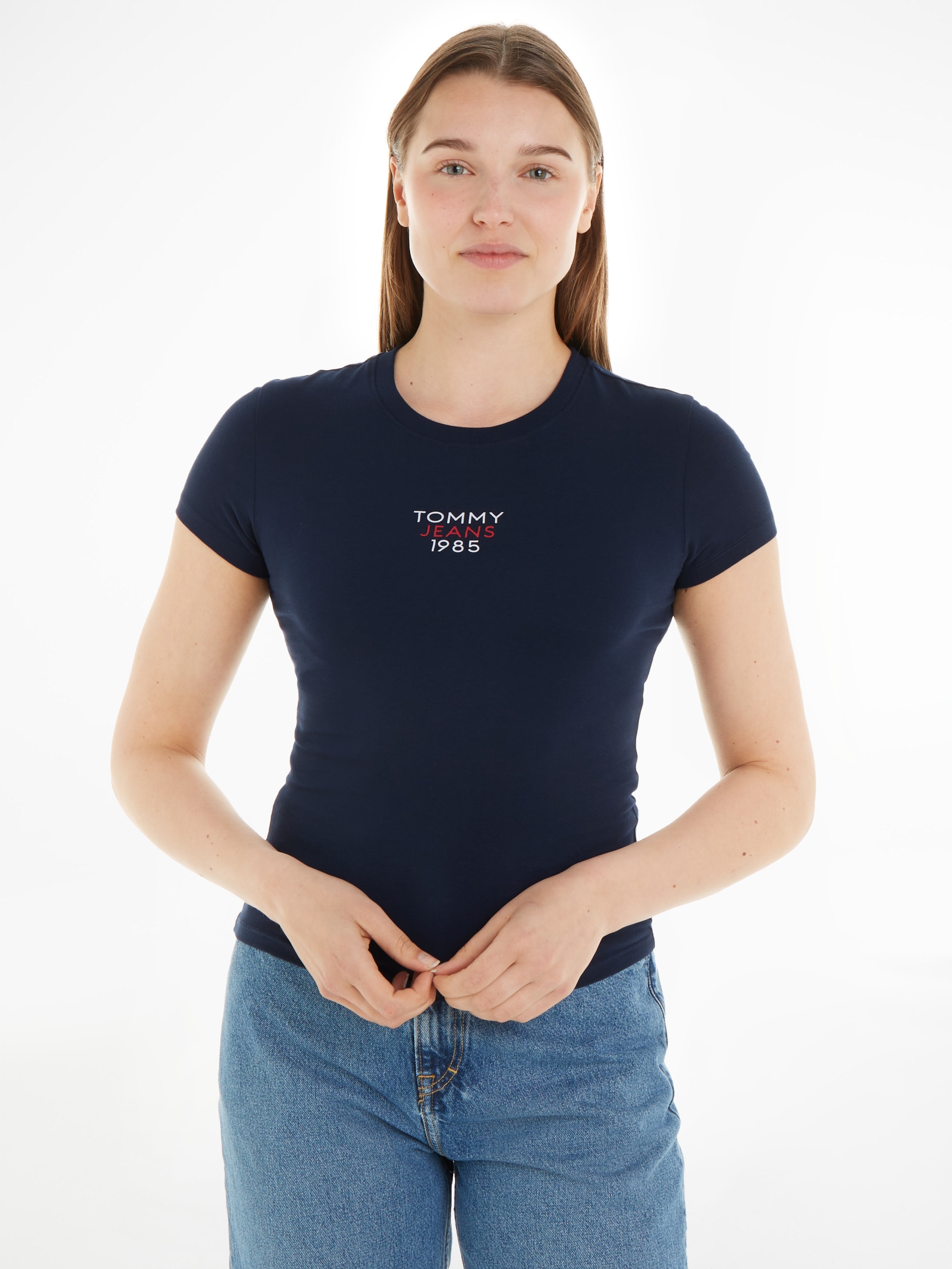 Tommy Jeans T-Shirt »Slim Essential Logo«, Kurzarm Rundhals Jersey T Shirt mit Logo Druck Print, Baumwoll Mix im Sale-Tommy Jeans 1