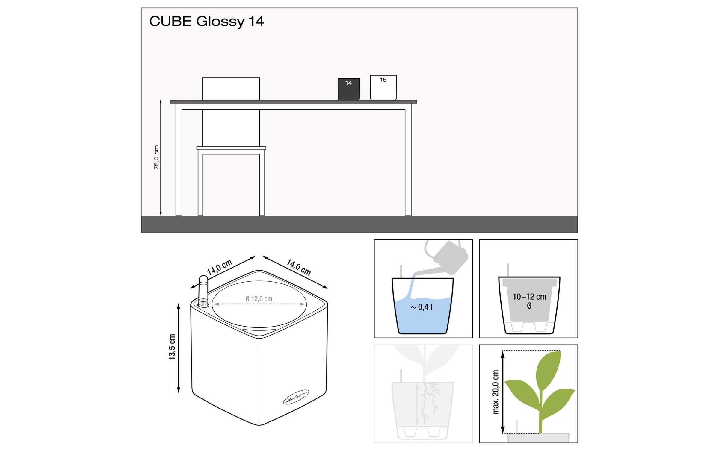 Blumentopf "Lechuza Pflanzentopf CUBE Glossy Ku" Material: Polycarbonat, Polypropylen