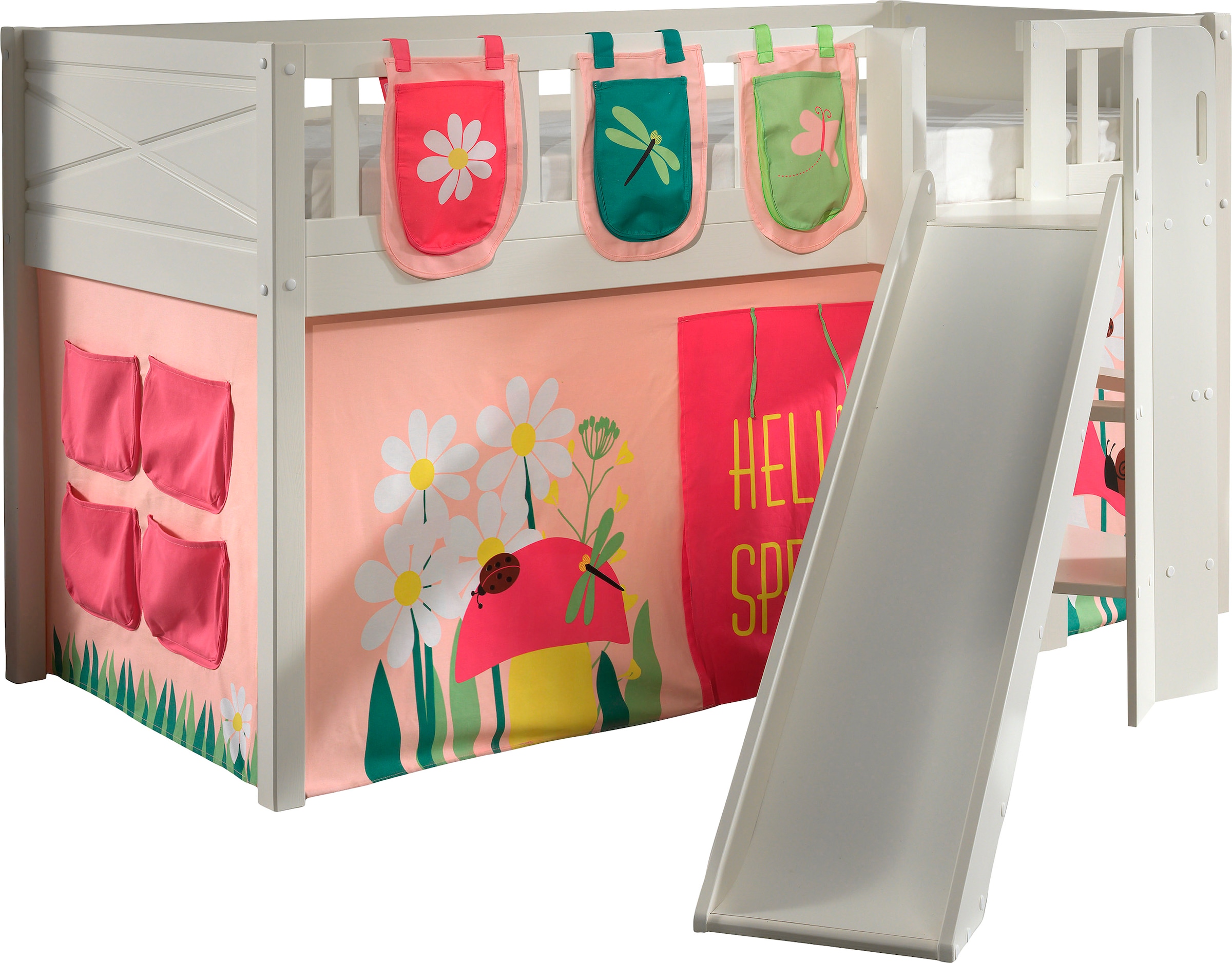 Image of Vipack Hochbett "Scott" Made in Europe, m. Rutsch-/Leiterturm, LF 90x200 cm, Vorhang, Tasche, 4 Designs