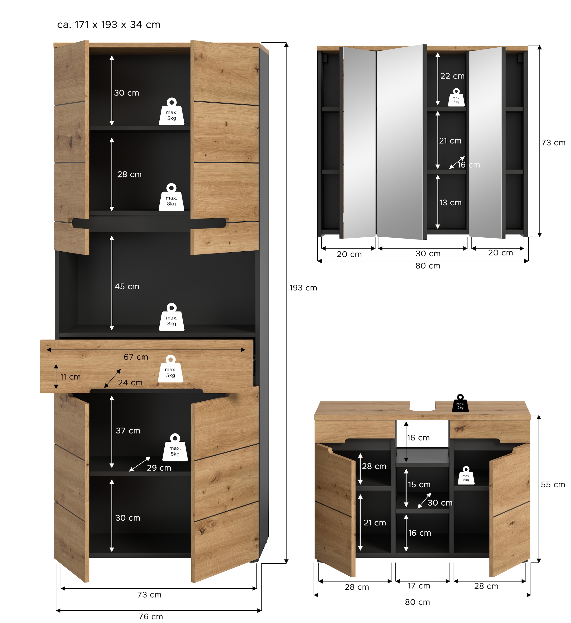 INOSIGN Badmöbel-Set »REHAT, 3-teilig, Breite 171 cm, mit grifflosen Fronten, bestehend aus:« 3 Stk. tlg.