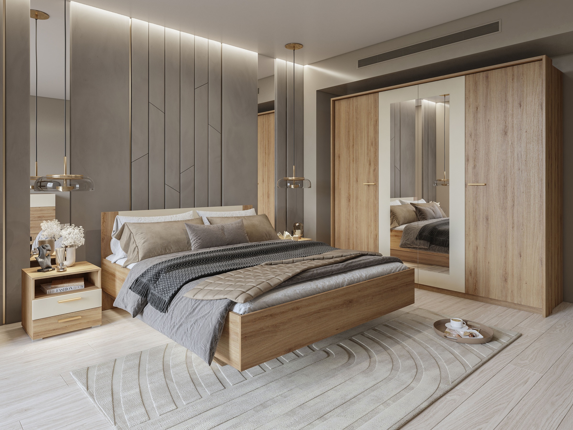 Home affaire Schlafzimmer-Set »Bitry,Set 4-St(Bett 180 cm, 2xNako, Drehtürenschrank)« Komplettschlafzimmer, viel Stauraum, fühlbare Struktur, Holzoptik