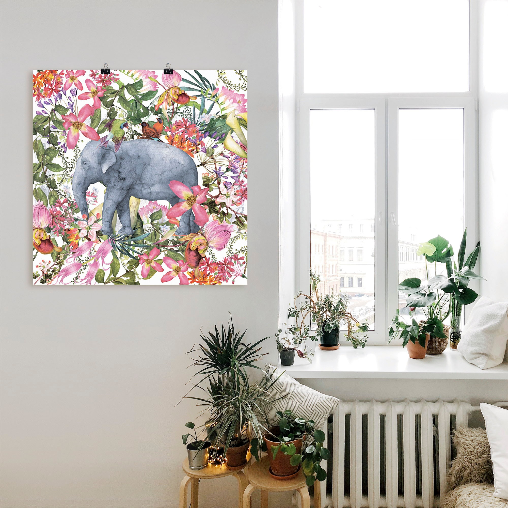 Artland Wandbild »Elefant im Blüten günstig als kaufen Alubild, oder Dschungel«, in (1 Leinwandbild, Poster Wildtiere, versch. Grössen St.), Wandaufkleber