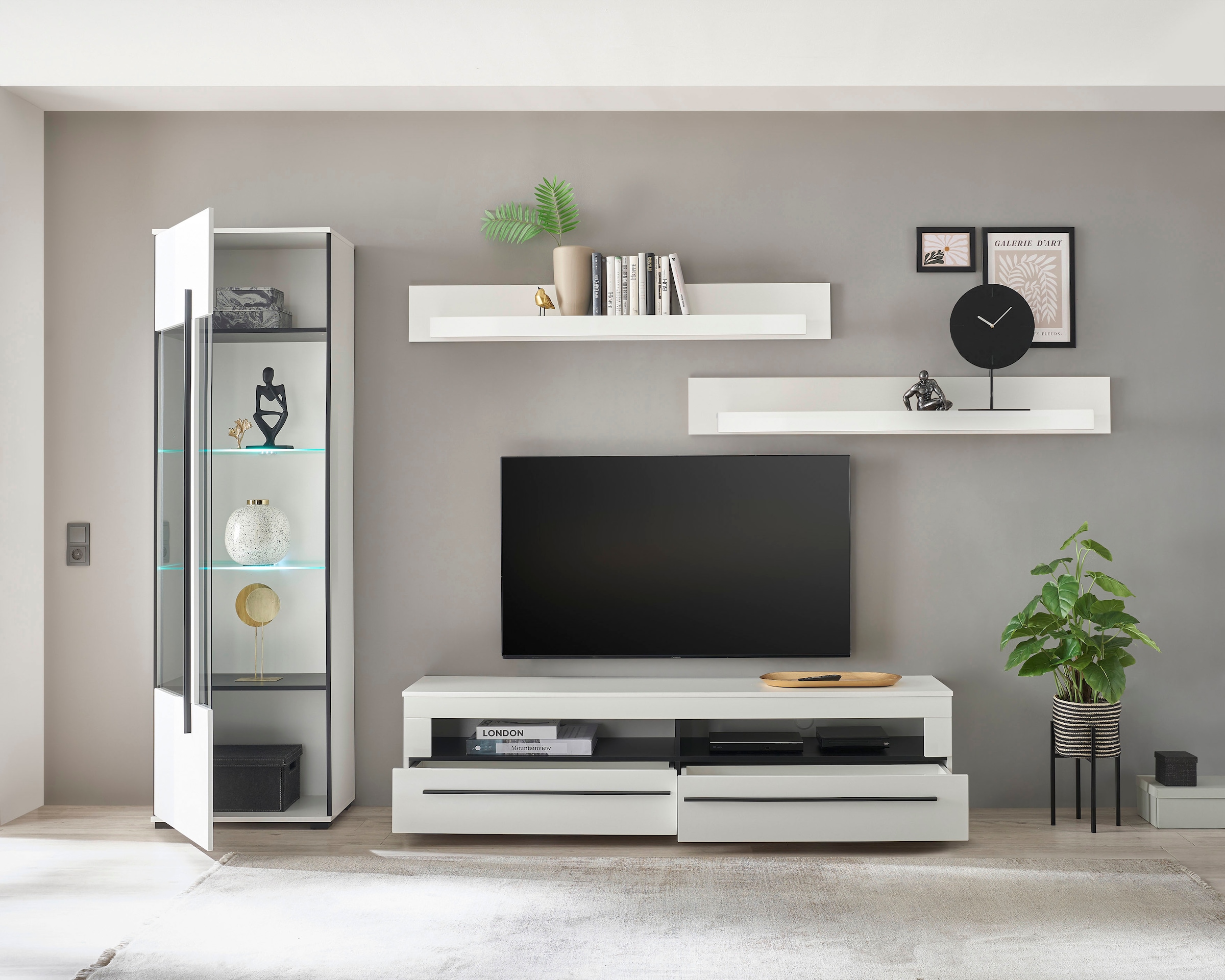 INOSIGN Wohnwand »Cantara, moderne Anbauwand, Wohnzimmer-Set, in Eiche Evoke oder Weiss«, (Set), enthält eine Vitrine, ein Lowboard und zwei Wandboards
