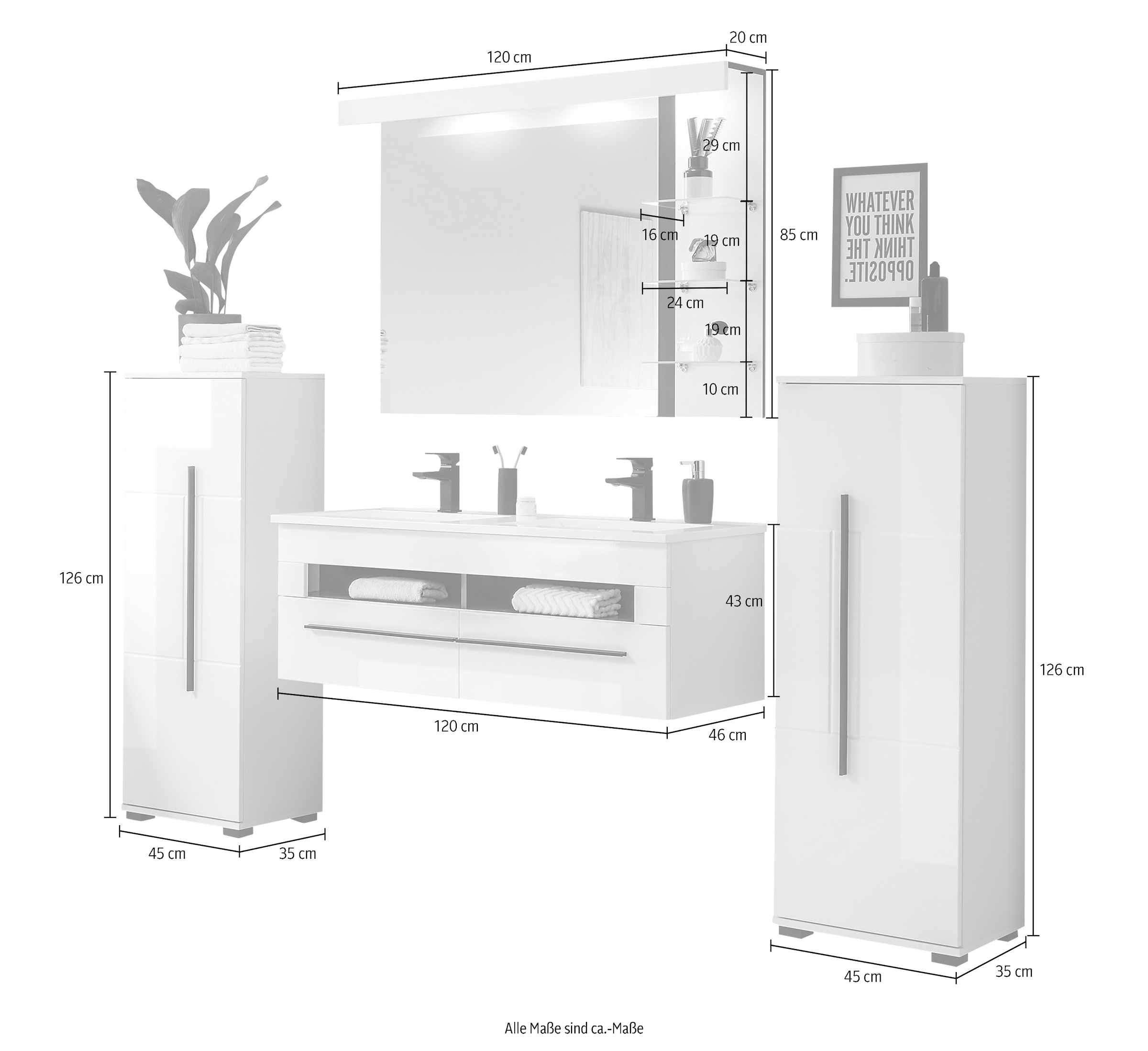 INOSIGN Badmöbel-Set »Cantara, Bad im modernen Design, 4-teiliges Badezimmer«, (Set, 4 St.), Waschtisch, Schränke und Spiegel, in Weiss Hochglanz, viel Stauraum