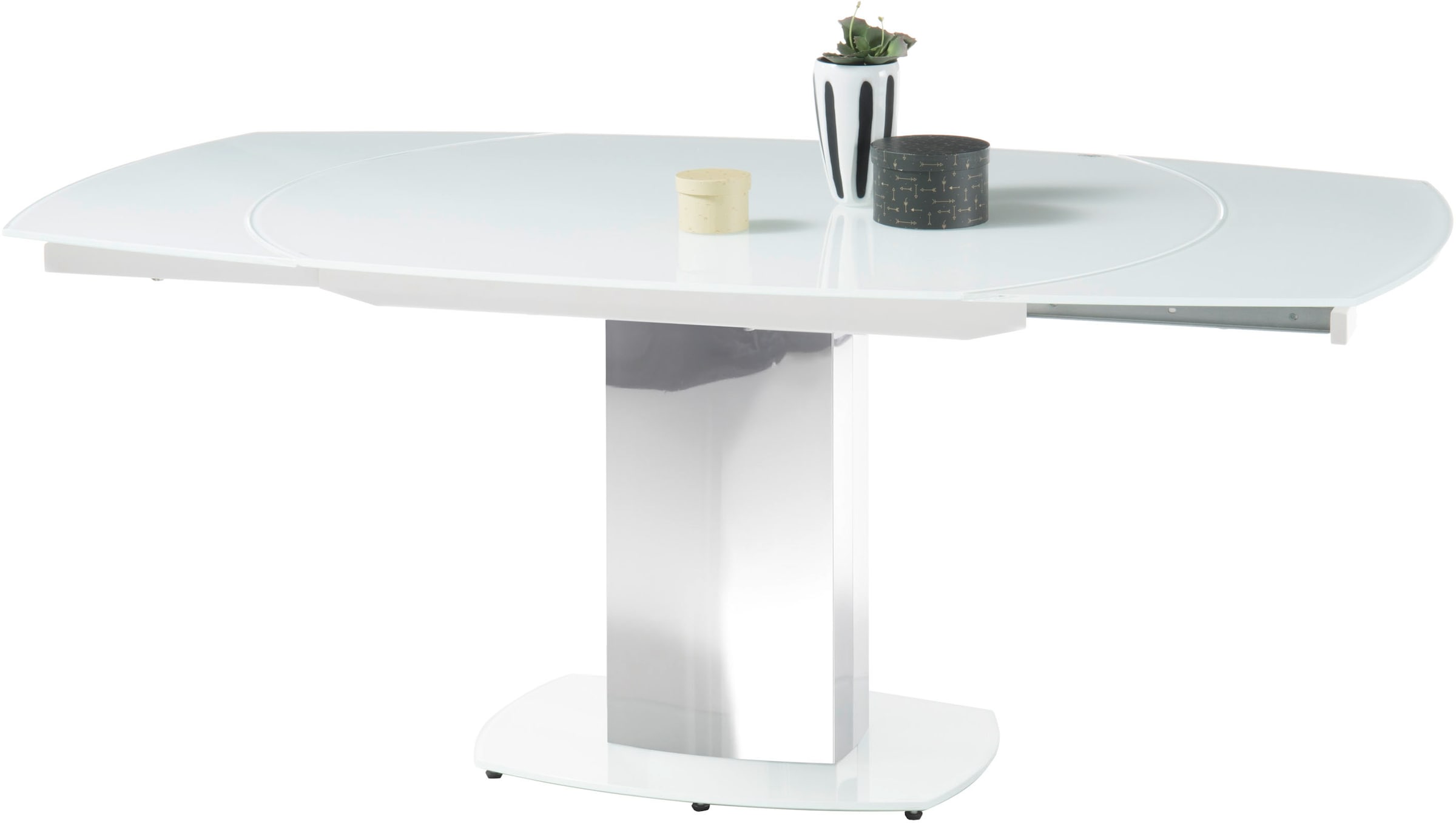 Stolkom Esstisch »Jackson Glastisch Weiss, Tisch ausziehbar, BxHxT 130-190x75x105 cm«, Automatische beidseitiger Drehauszug, Tischplatte in Super White