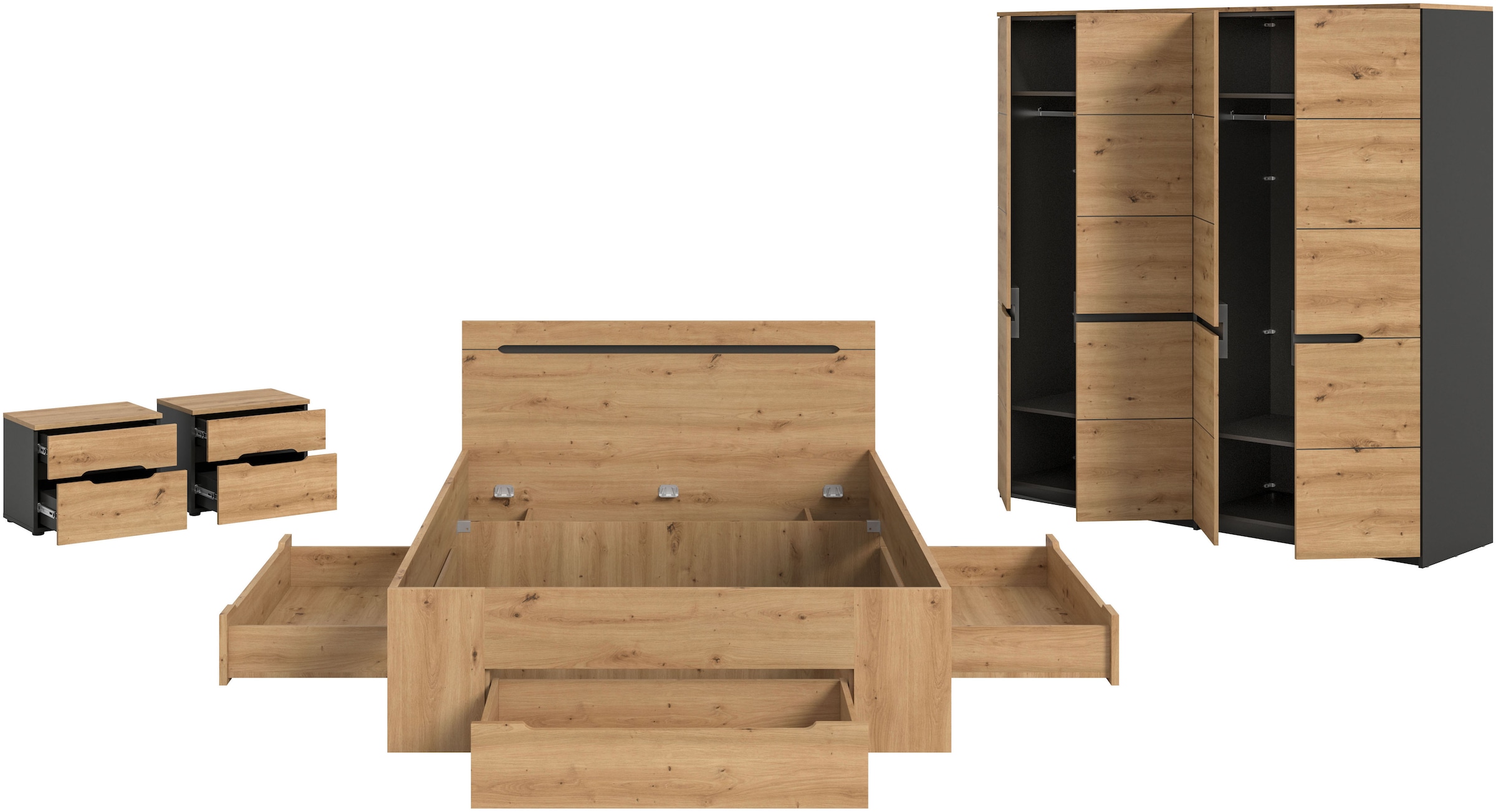 Home affaire Schlafzimmer-Set »REHAT, 4-teilig, best. aus: Bett, Kleiderschrank & 2x Nachtkommode« TOPSELLER!, für Matratzengrösse 140x200 cm, viel Stauraum, 