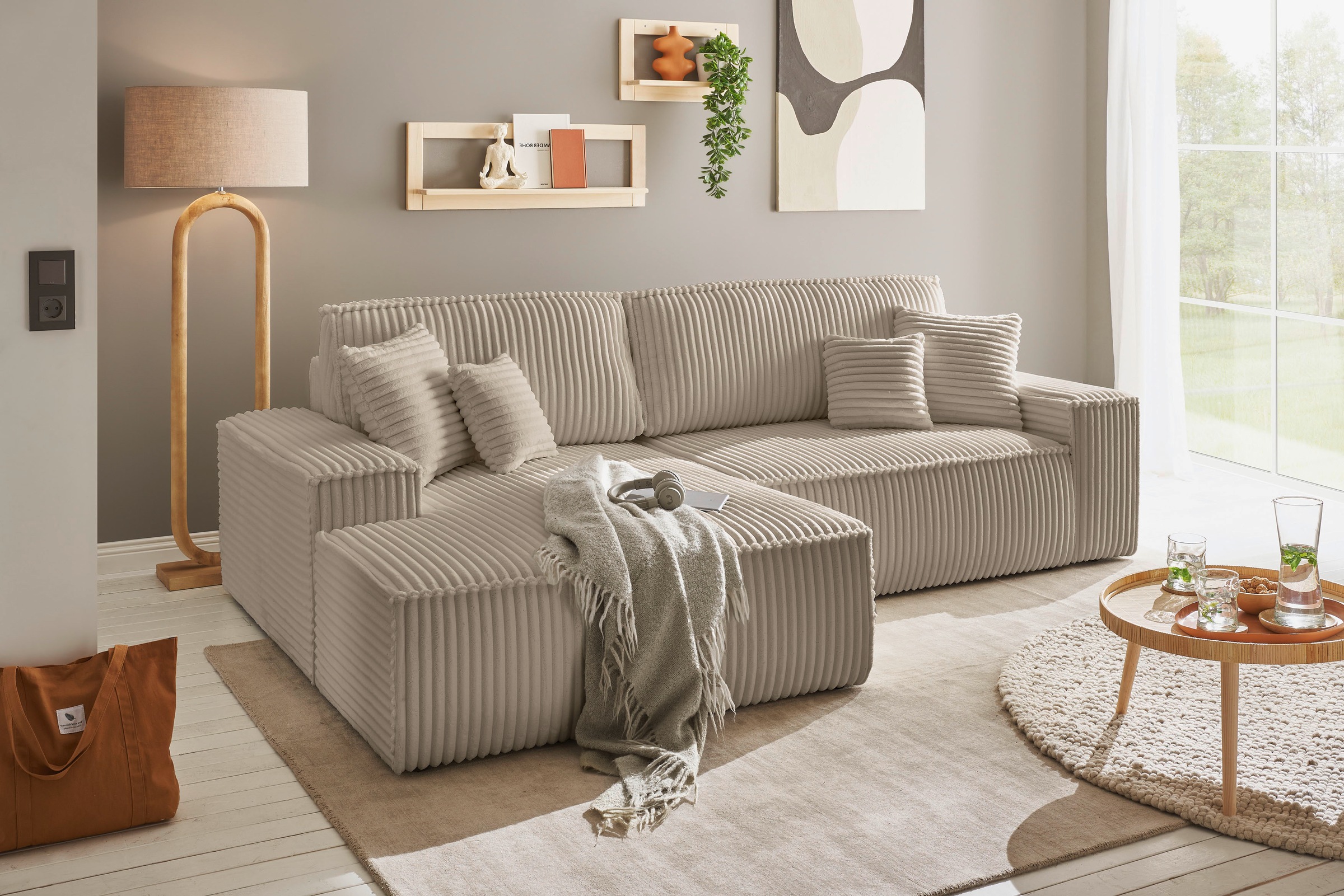 GOODproduct Ecksofa »FINNLEY, L-Form 257 cm, Schlafsofa« mit Bettkasten, in Bouclé, Struktur fein und Mega Cord