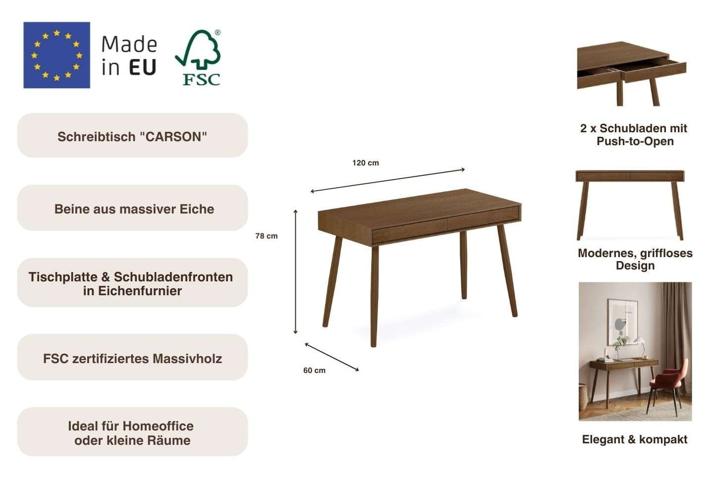 Woodman Bureau »Carson« 120/60/78,  Largeur 120 cm, tiroirs avec ouverture push-to-open, FSC®