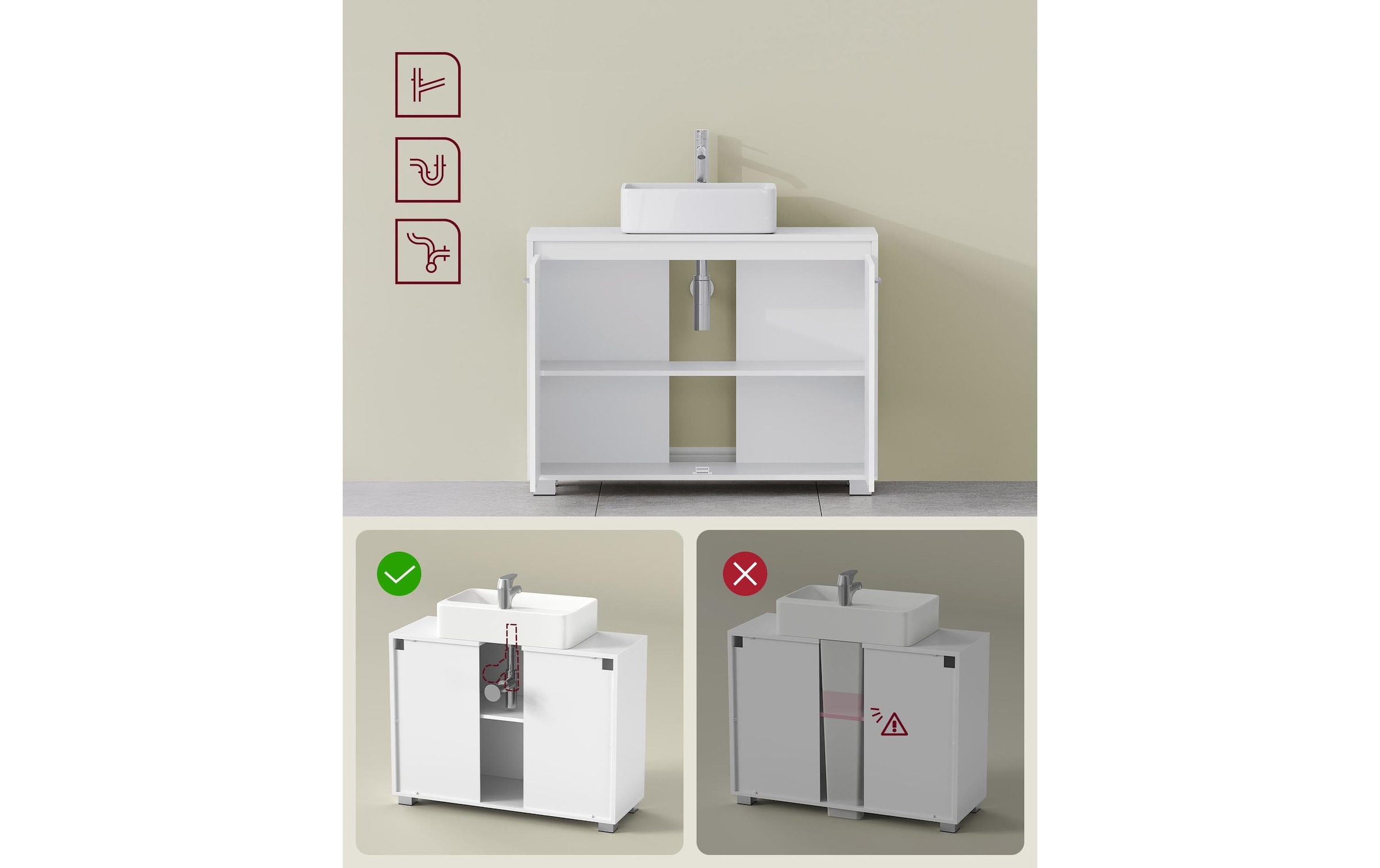 VASAGLE Armoire sous lavabo »60 x 60 cm« Meuble sous-lavabo avec deux compartiments et étagère réglable