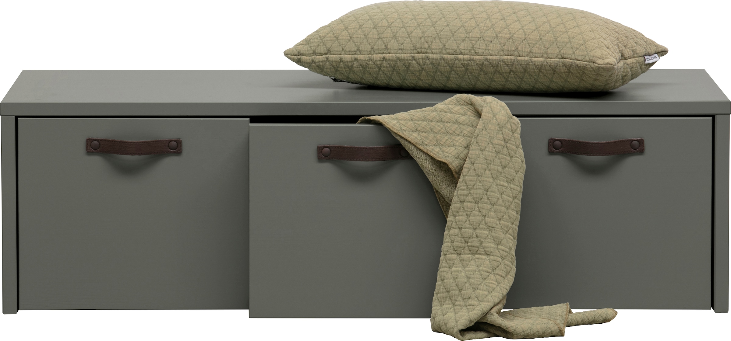 WOOOD Truhenbank »Stage FSC®-Kiefernholz massiv mit Ledergriff H 36 x B 120 x T 50 cm« Sitzfläche und Stauraum kombiniert, Einfach zu montierbar Pfleigleicht
