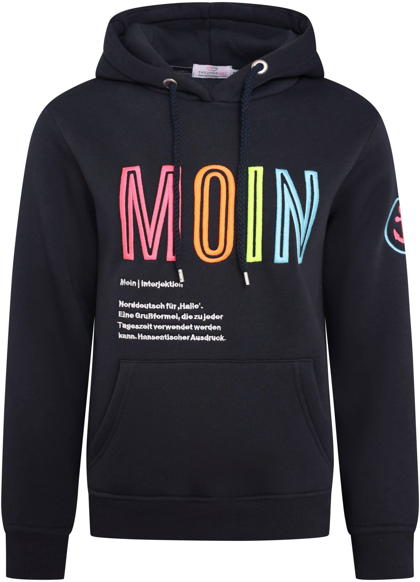 Zwillingsherz Sweatshirt, mit aufgesticktem „Moin“-Schriftzug in Neonfarben