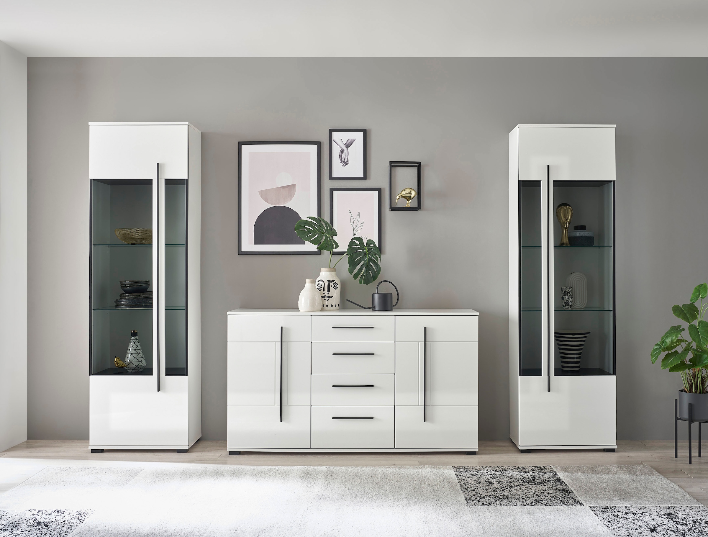 INOSIGN Wohnwand »Cantara, moderne Anbauwand, Wohnzimmer-Set, in Eiche Evoke oder Weiss«, (Set), enthält zwei Vitrinen und ein Sideboard