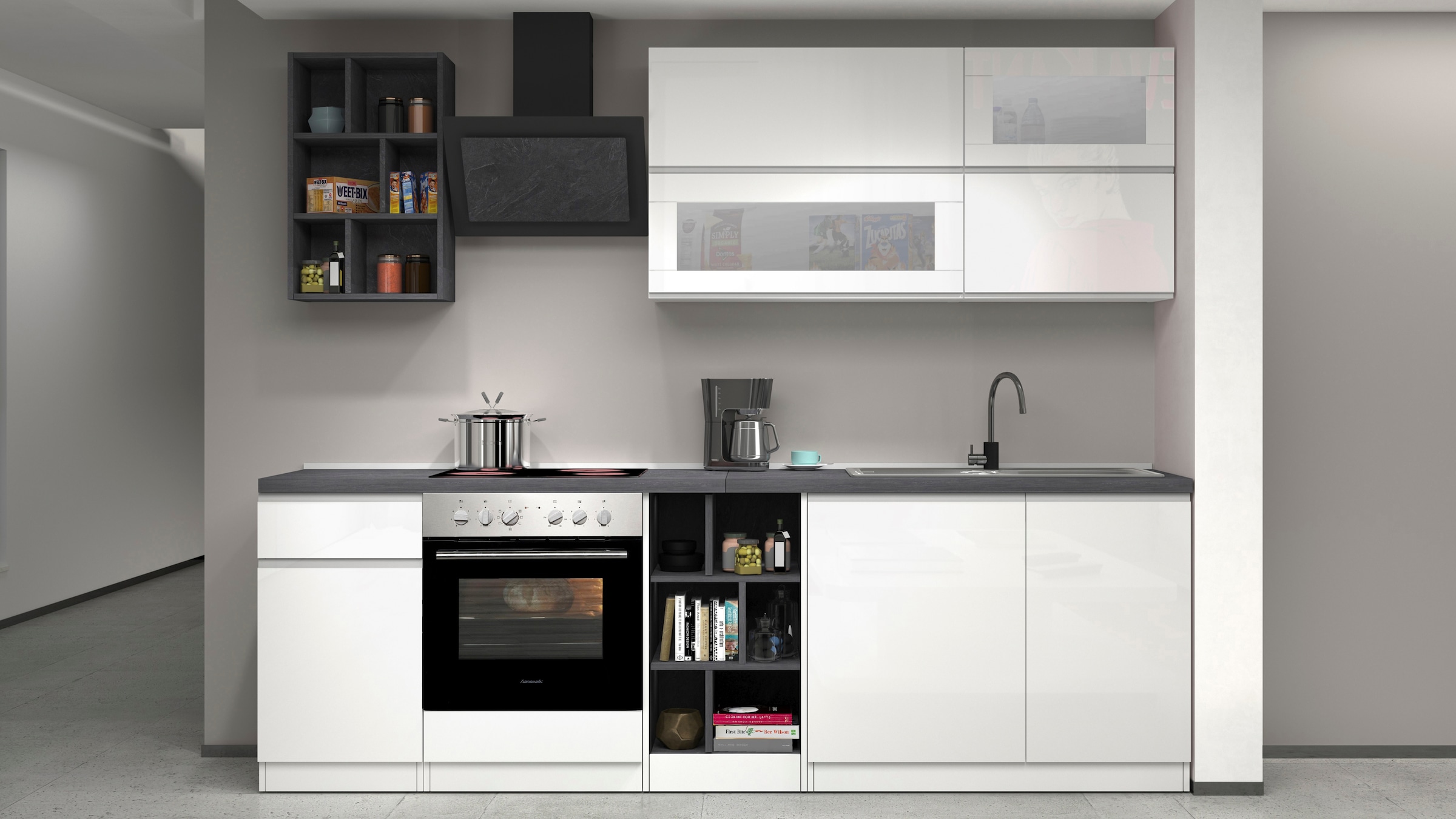 KOCHSTATION Kitchenette »KS-Sole« Breite 256 cm, Hängeschränke mit Milchglas, ohne E-Geräte