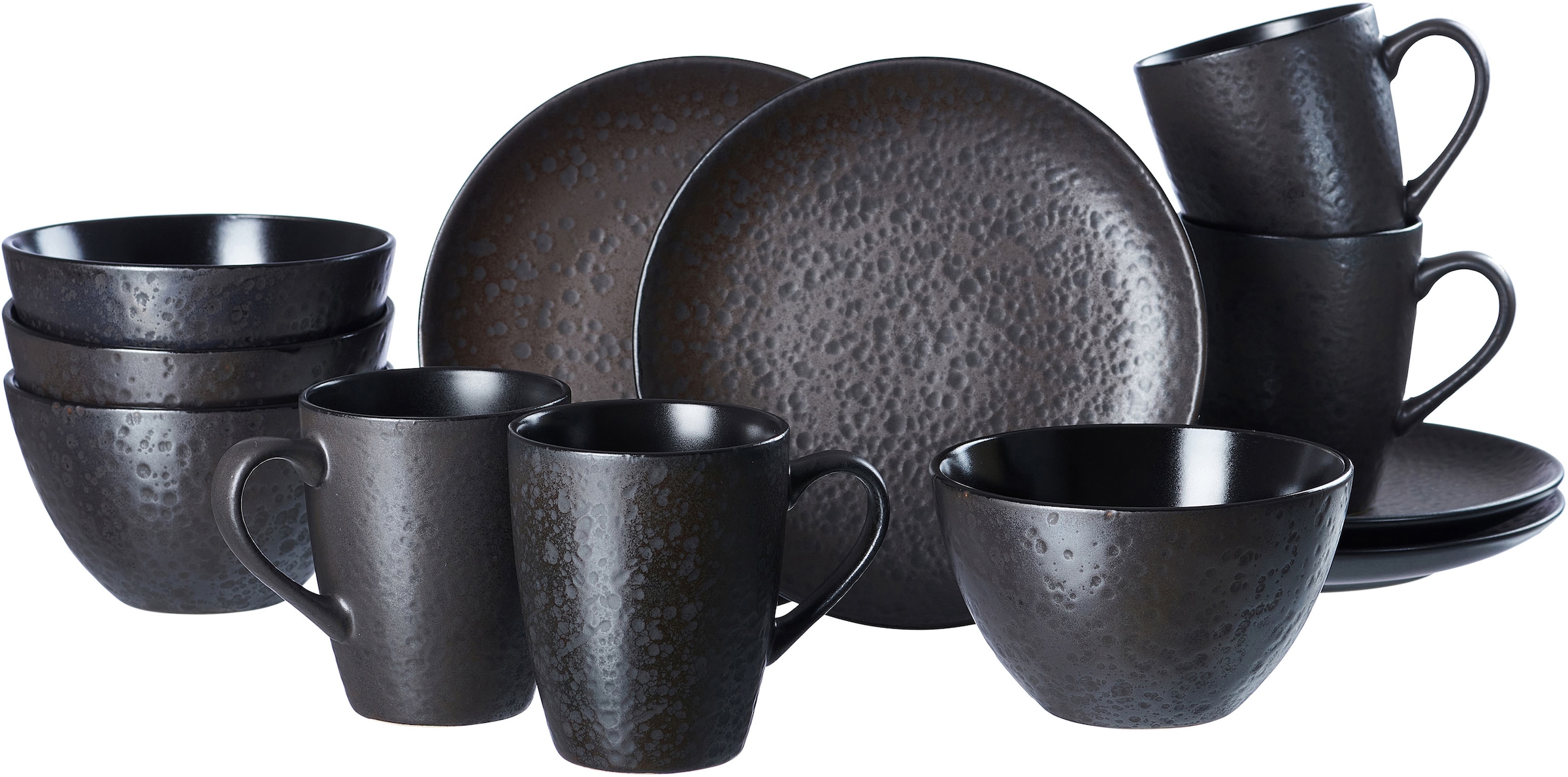 Image of Ritzenhoff & Breker Frühstücks-Geschirrset "Service, Kitwe (Teller, Schale, Kaffeebecher)" seidenmatter Schwarzton mit Kupferstich, 12 Teile, für 4 Personen