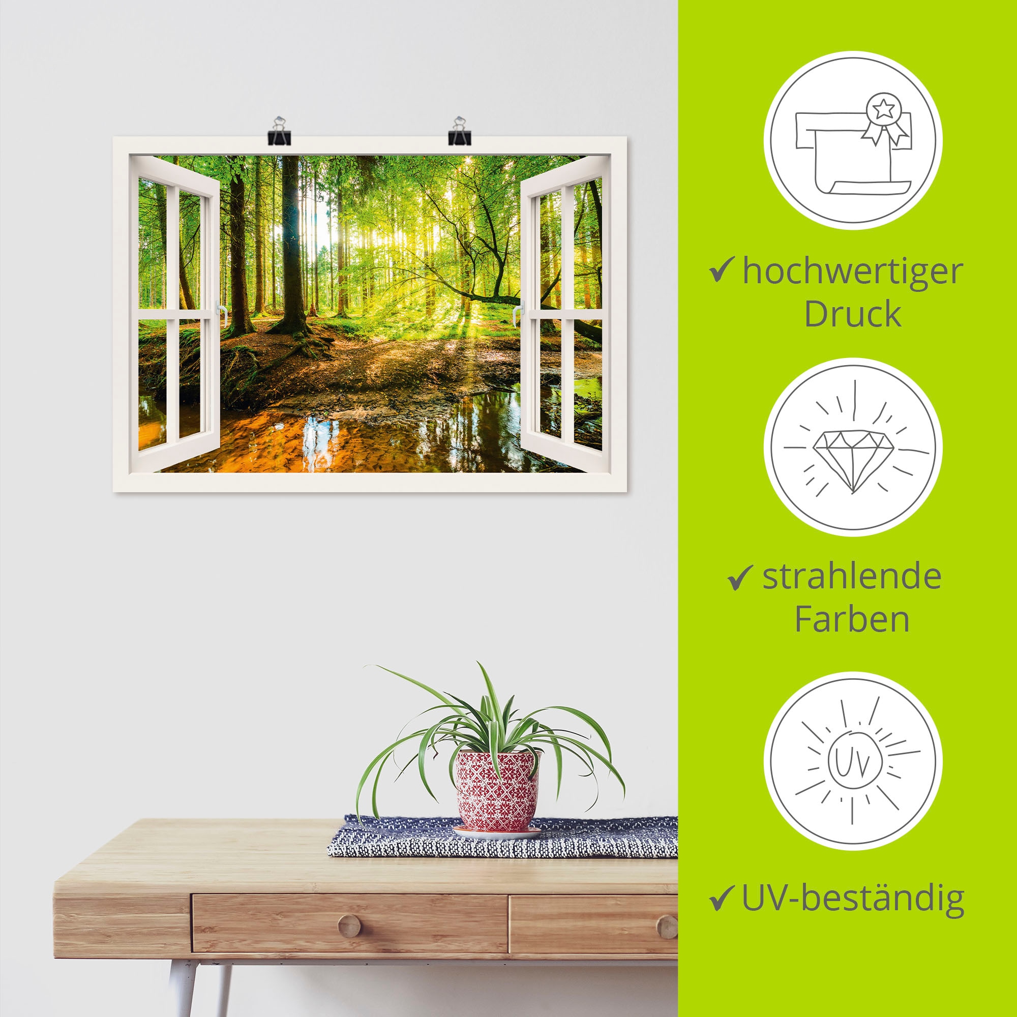 Artland Wandbild »Fensterblick - Wald mit Bach« Wald 1 Stk. tlg. als Leinwandbild, Poster in verschied. Grössen