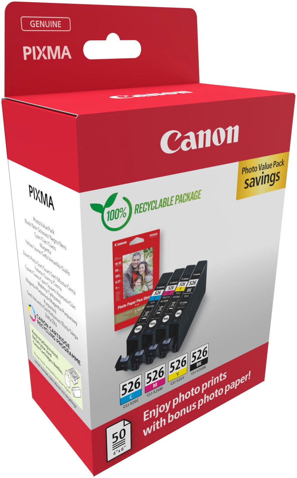 Canon Tintenpatrone »CLI-526 BK/C/M/Y + Fotopapier Value Pack«, (Packung)