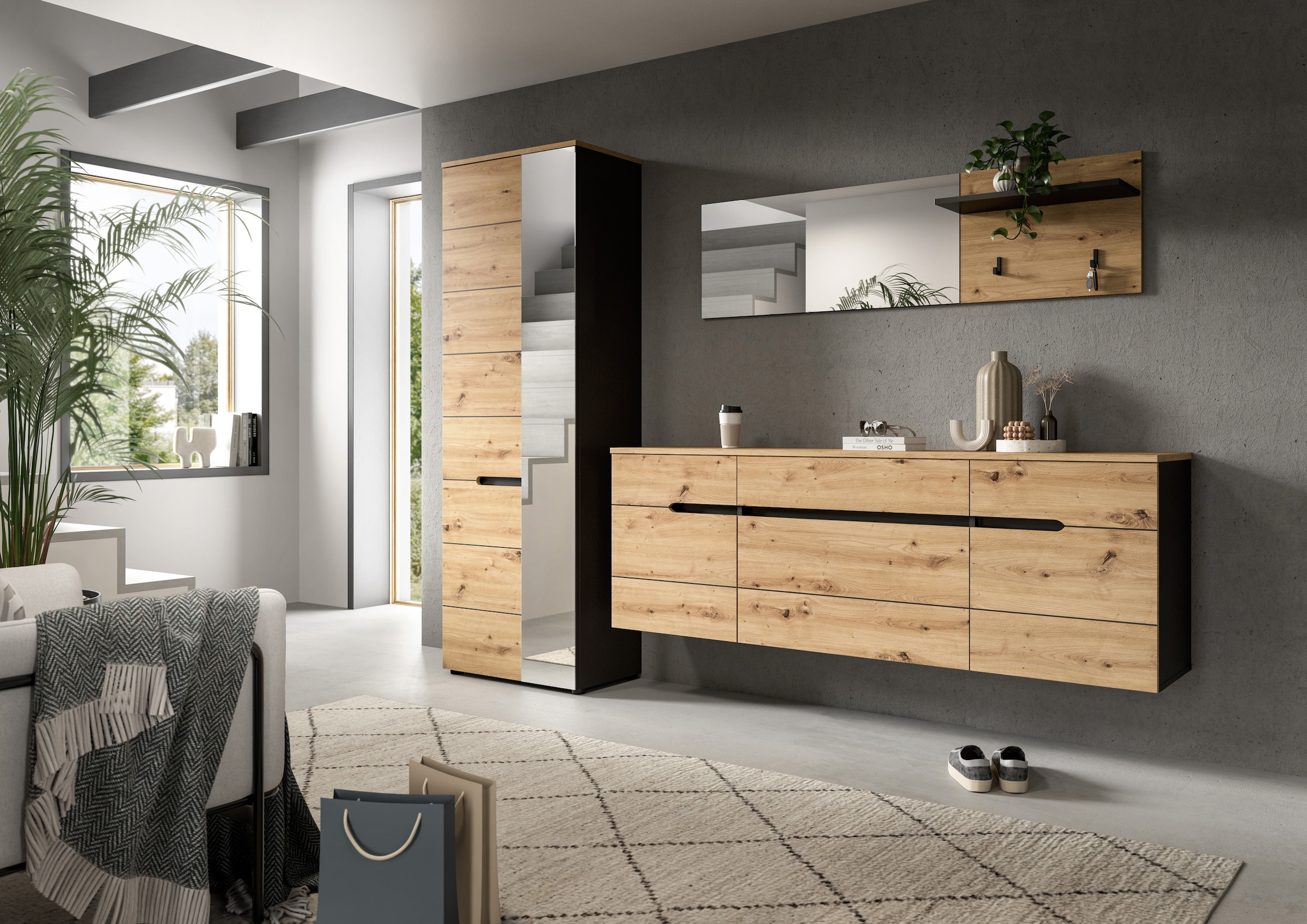 Home affaire Garderobenpaneel »REHAT, TOPSELLER!, Breite 150 cm, Hutablage, 2 Haken, Spiegel« in verschiedenen Ausführungen,  Paneel, Wandboard, Garderobe, Garderobenleiste, Garderobenboard